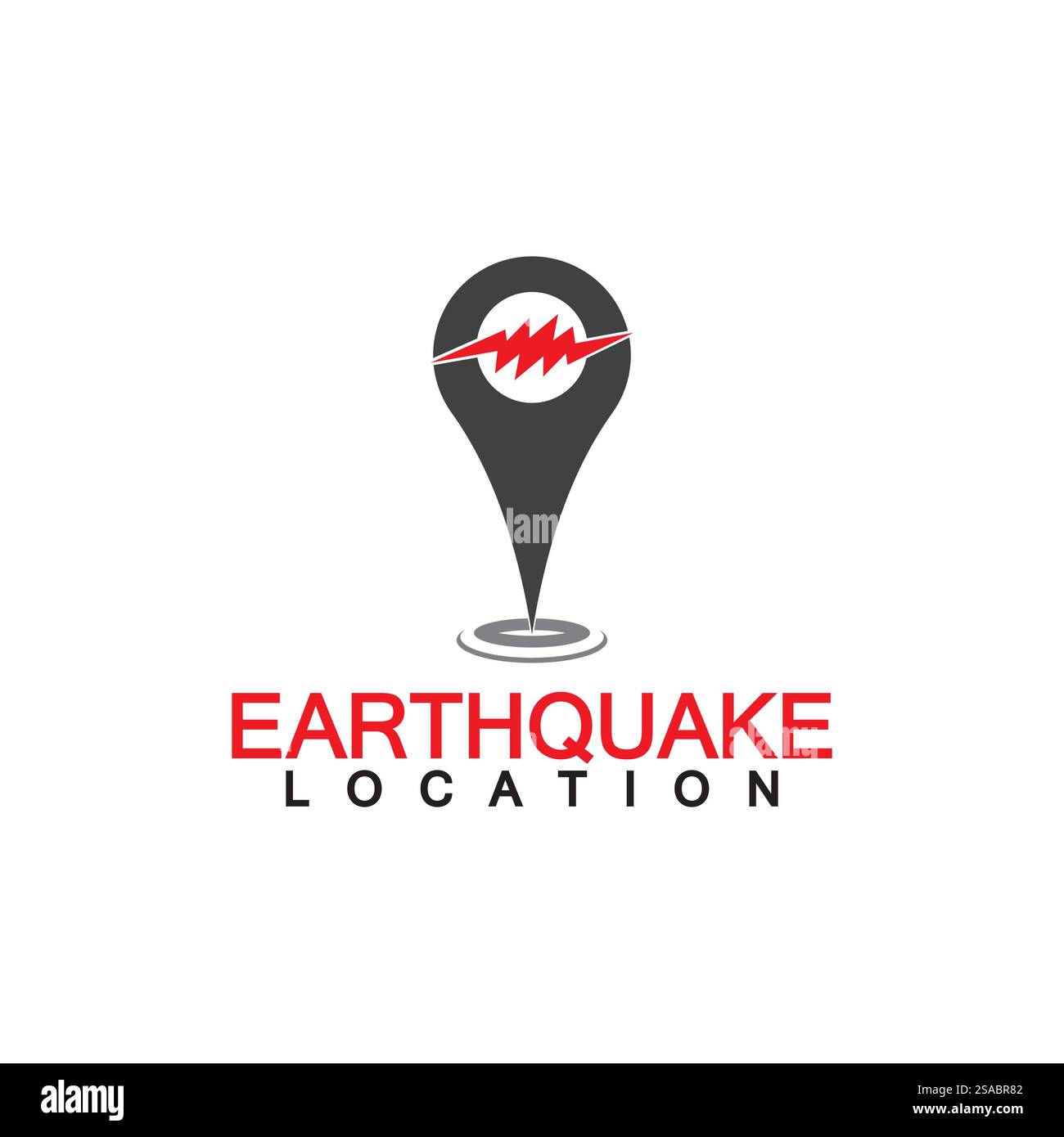 Logo-Design für Erdbebenstandorte isoliert auf weißem Hintergrund. Kartennadel und Erdbeben-Symbol Stock Vektor