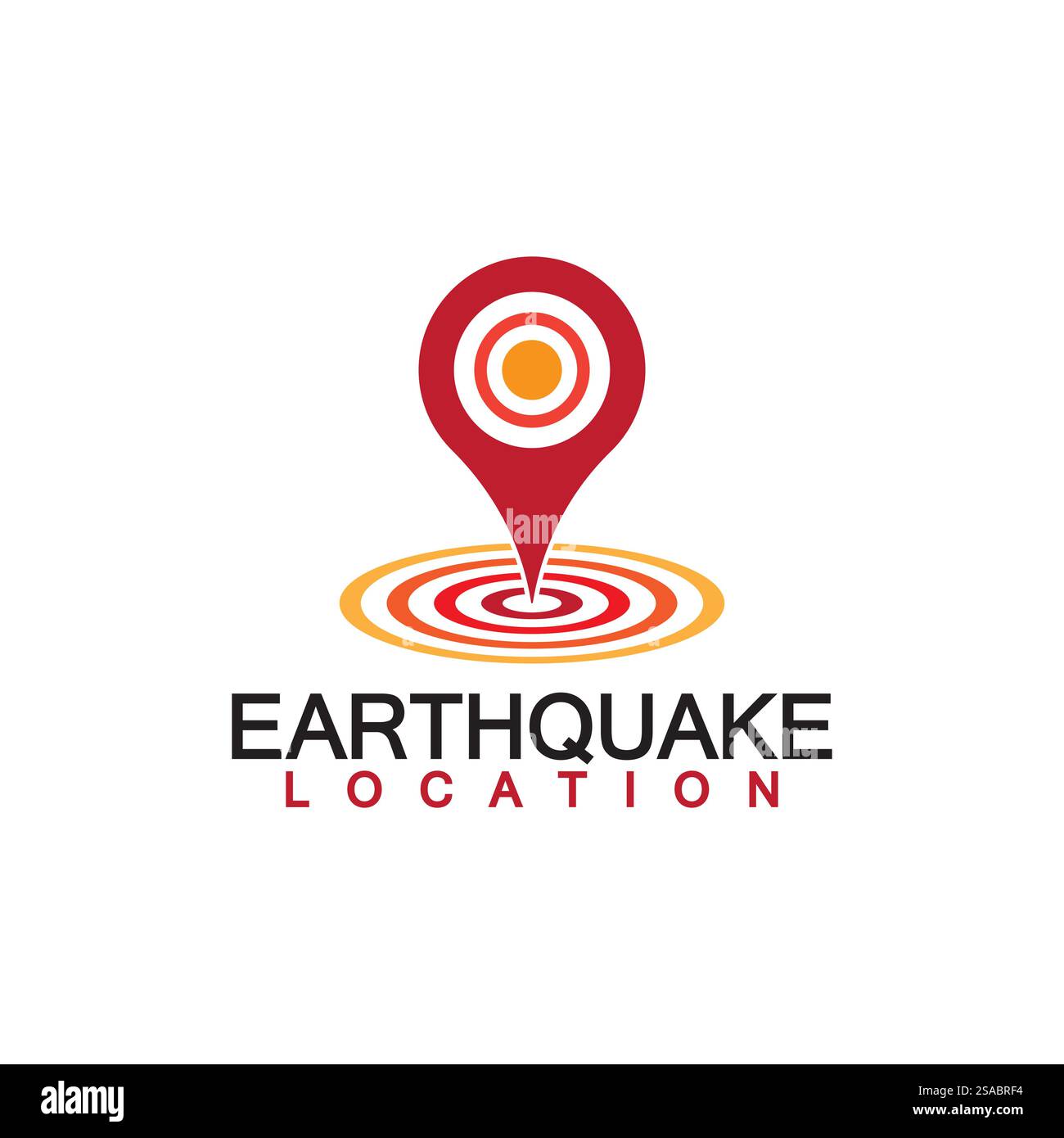 Logo-Design für Erdbebenstandorte isoliert auf weißem Hintergrund. Kartennadel und Erdbeben-Symbol Stock Vektor