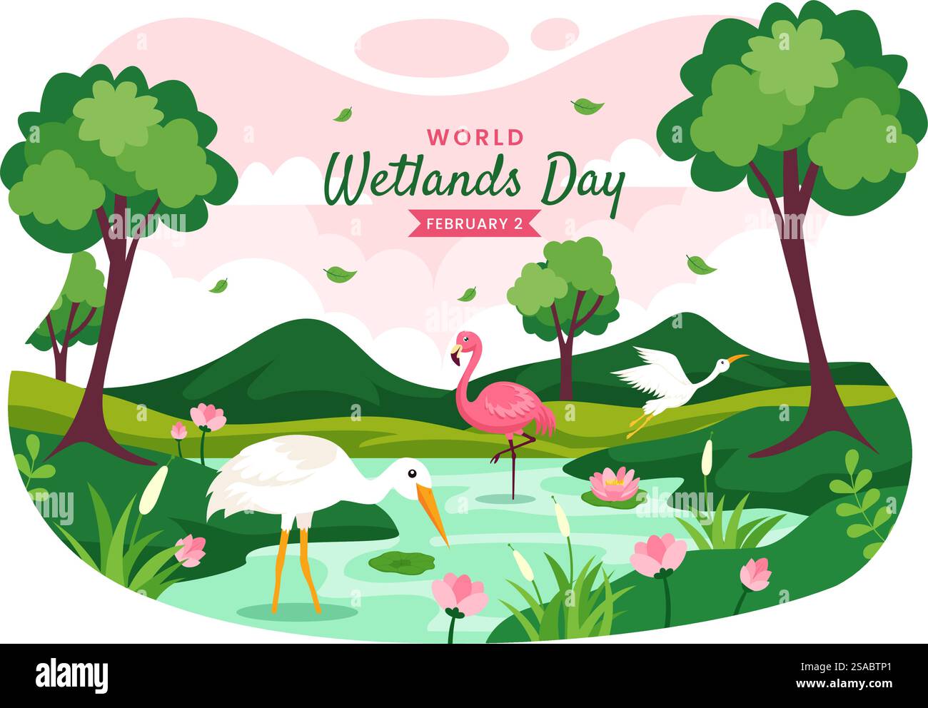 World Wetlands Day Vektor Illustration am 2. Februar mit Storch Tiere und Garten Hintergrund im Feiertag Flat Cartoon Design Stock Vektor