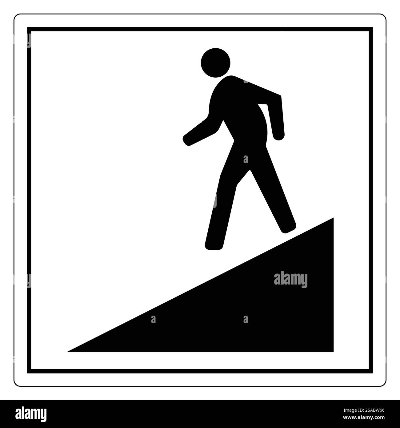 Einfache Schwarzweiß-Illustration einer Person, die eine Steigung hinaufgeht und Bewegung und Zugänglichkeit symbolisiert. Ideal für Sicherheitsschilder und grafische Darstellungen. Stock Vektor