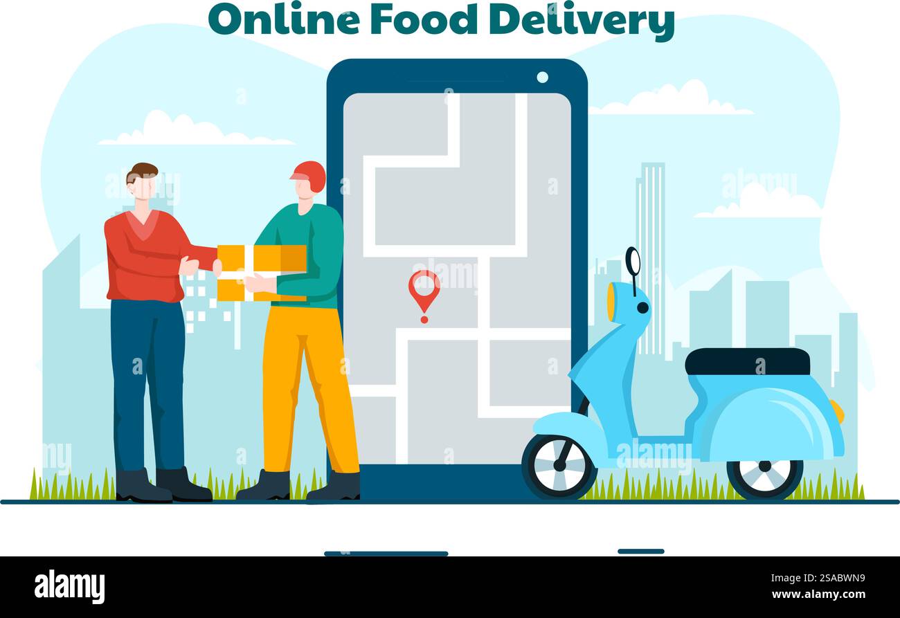 Online Food Delivery Vektor Illustration mit Bestellung Essen auf dem Telefon und es wird entsprechend dem Ziel in Flat Cartoon Hintergrund geliefert Stock Vektor