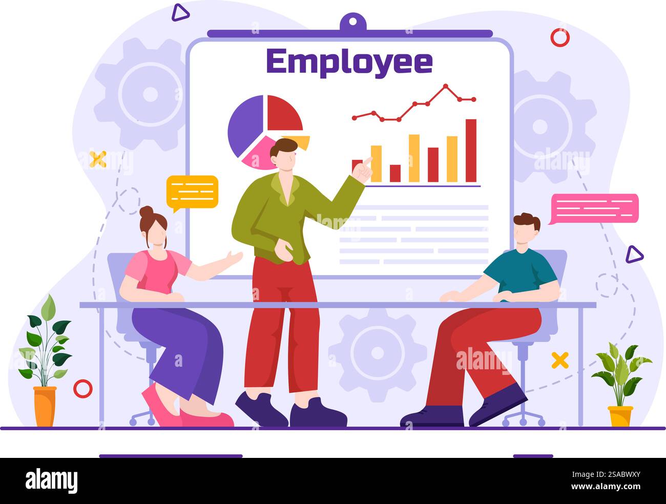Mitarbeitervektor-Illustration mit Geschäftsteam und Produktivität Halten Sie ein Meeting zu gemeinsamen Zielen und Erfolg mit Unternehmen im Hintergrund mit flachem Zeichentrick ab Stock Vektor
