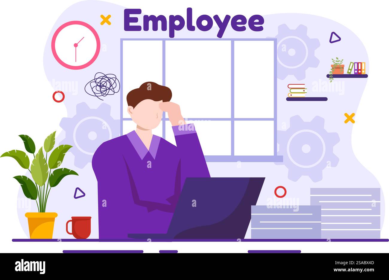 Mitarbeitervektor-Illustration mit Geschäftsteam und Produktivität Halten Sie ein Meeting zu gemeinsamen Zielen und Erfolg mit Unternehmen im Hintergrund mit flachem Zeichentrick ab Stock Vektor