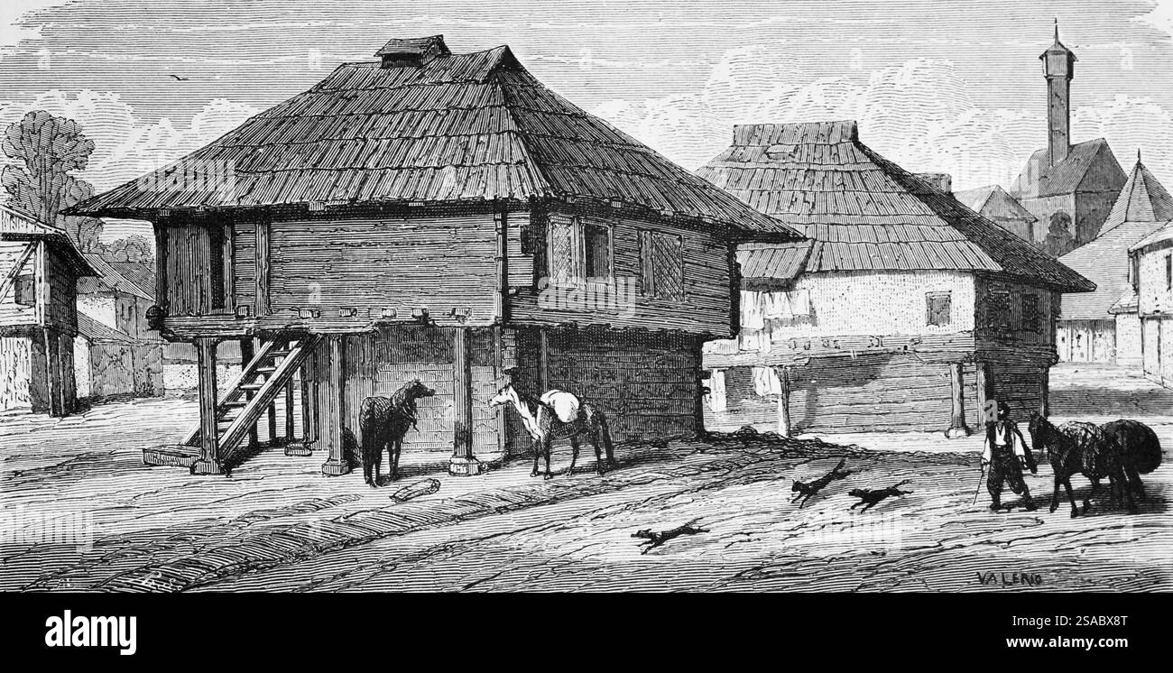 Holzhäuser in der bosnischen Stadt, eine Leiter zur Wohnung, Hunde, Pferde, Packpferd, Sandweg, Stadt, Geographie, Bosnien und Herzegowina, historische Stadt Stockfoto
