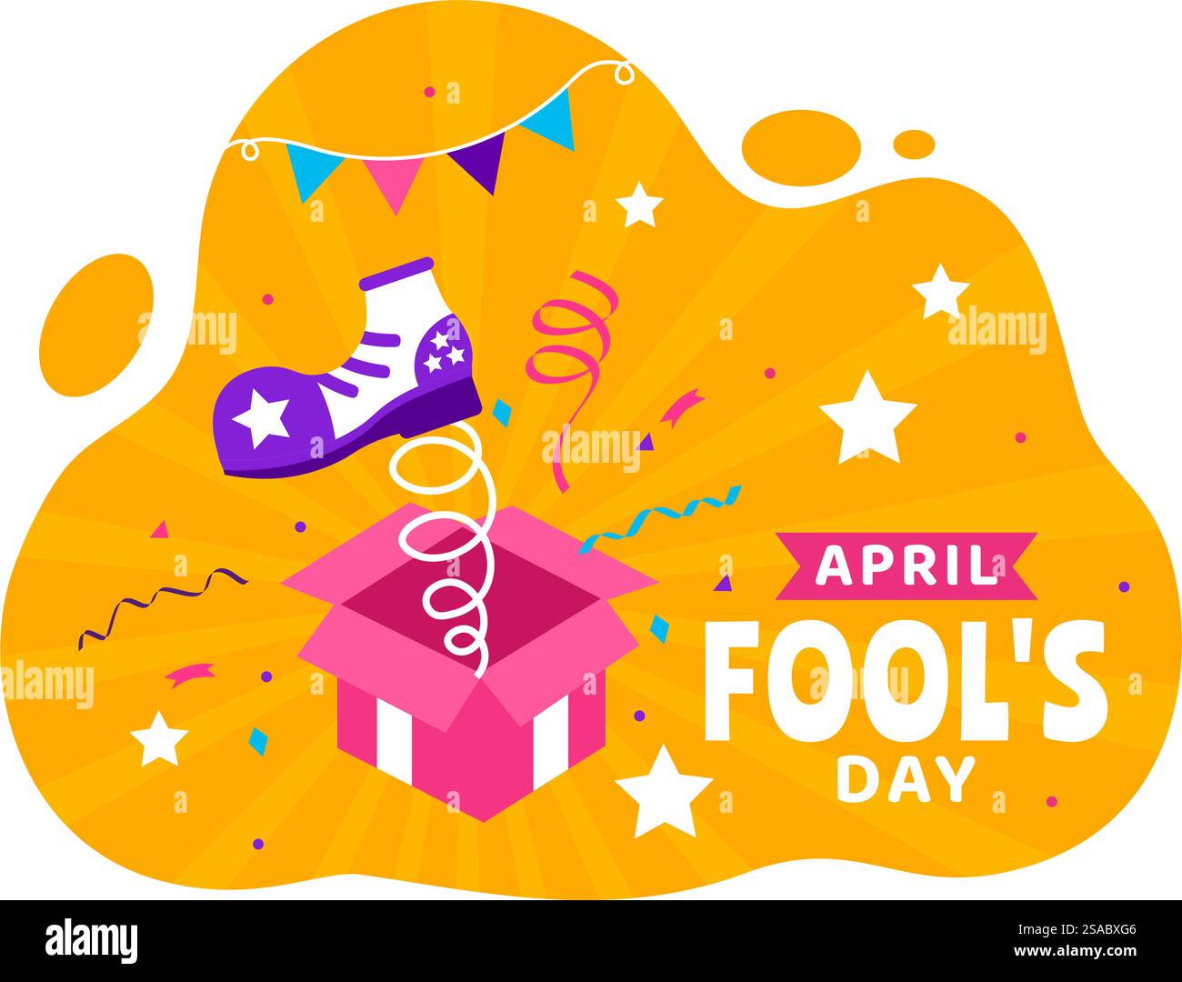 Illustration zum Feiern des fröhlichen Aprilfeiertags mit Narrenmütze und einer Box, die Überraschungen enthält, um die Menschen in Flat Cartoon Holiday zu überraschen Stock Vektor