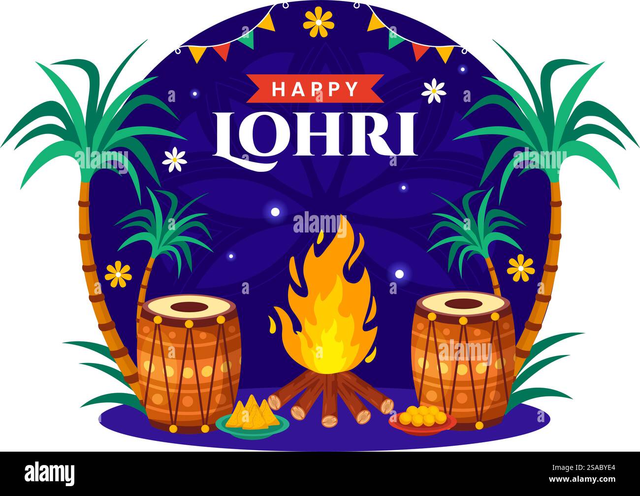 Happy Lohri Festival of Punjab India Vektor-Illustration des Spiels Tanz und Feier Lagerfeuer mit Trommeln und Drachen im flachen Zeichentrickhintergrund Stock Vektor