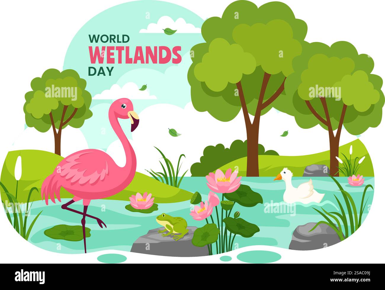 World Wetlands Day Vektor Illustration am 2. Februar mit Storch Tiere und Garten Hintergrund im Feiertag Flat Cartoon Design Stock Vektor