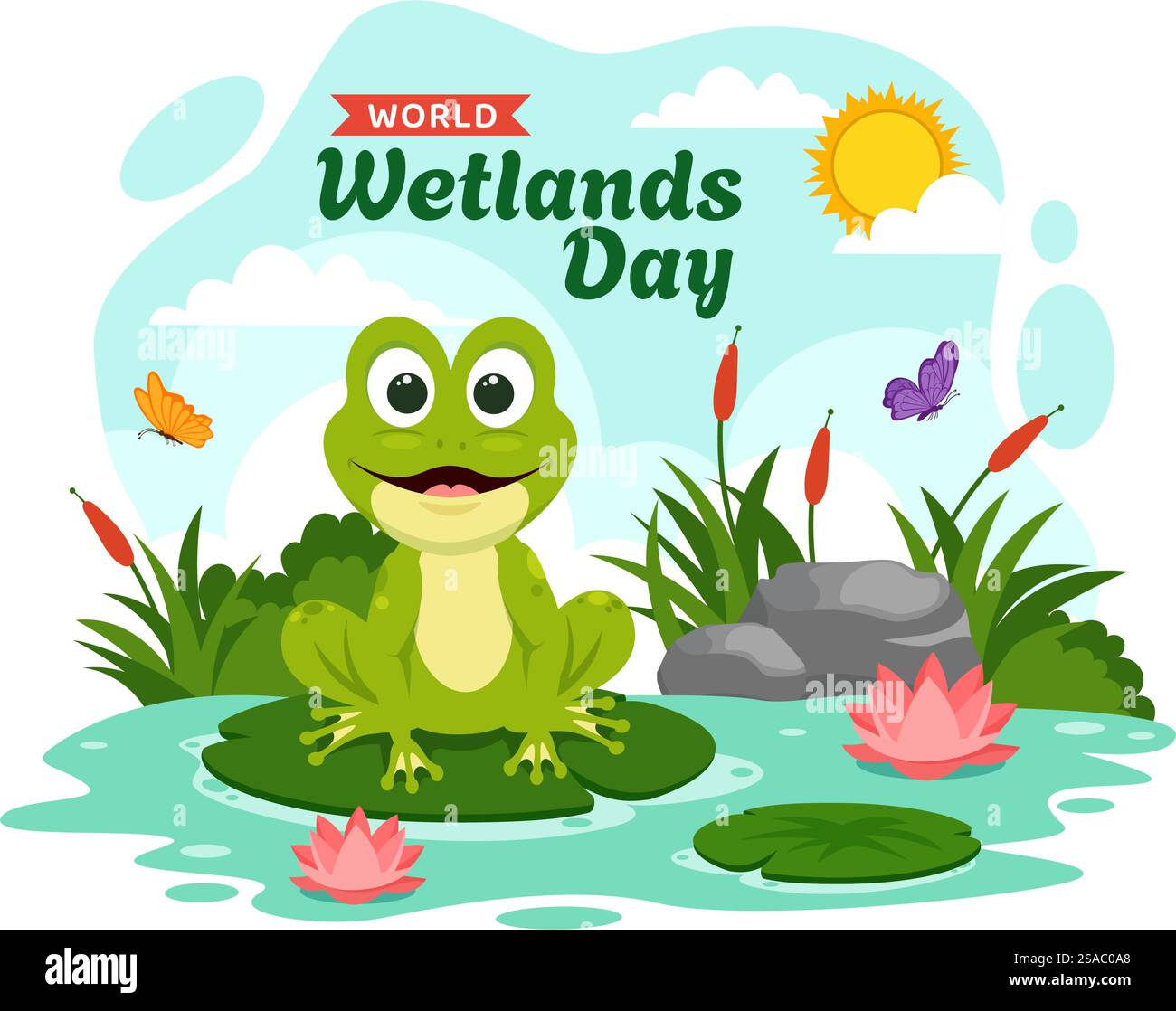 World Wetlands Day Vektor Illustration am 2. Februar mit Storch Tiere und Garten Hintergrund im Feiertag Flat Cartoon Design Stock Vektor