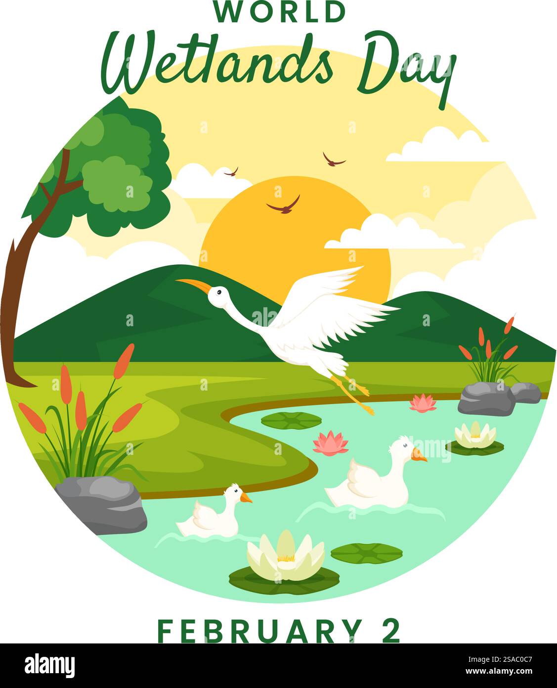 World Wetlands Day Vektor Illustration am 2. Februar mit Storch Tiere und Garten Hintergrund im Feiertag Flat Cartoon Design Stock Vektor