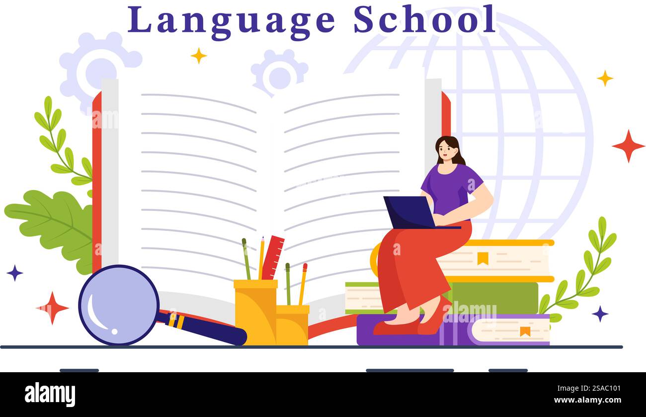 Sprachschule Vektor-Illustration von Online-Lernen, Kursen, Trainingsprogramm und Studium fremder Hallo-Sprachen im Ausland in flachem Hintergrund Stock Vektor