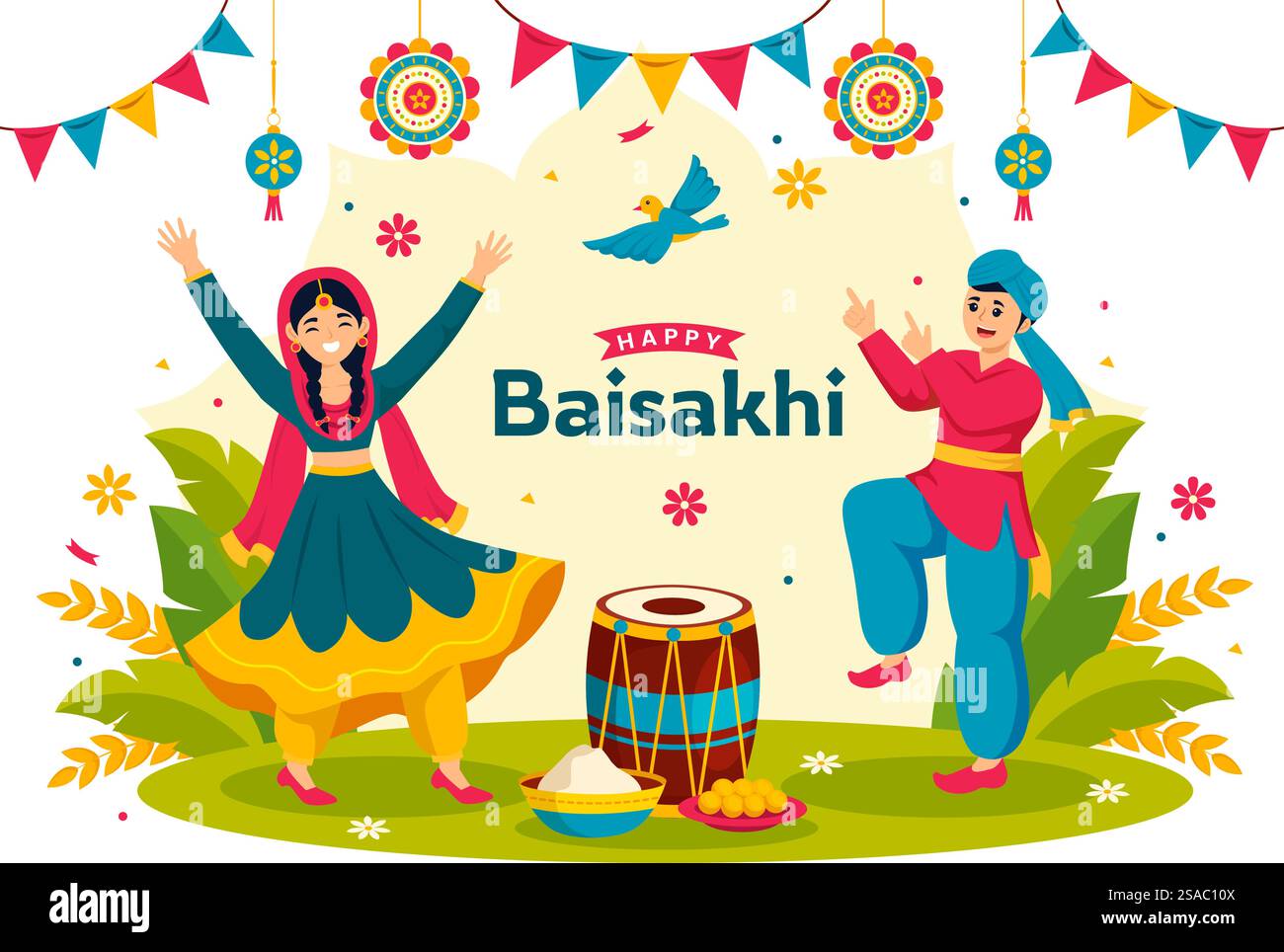 Glückliche Baisakhi Vektor-Illustration von Vaisakhi Punjabi Frühlings-Ernte-Festival der Sikh-Feier mit Trommel und Drachen im Feiertags-Cartoon-Hintergrund Stock Vektor