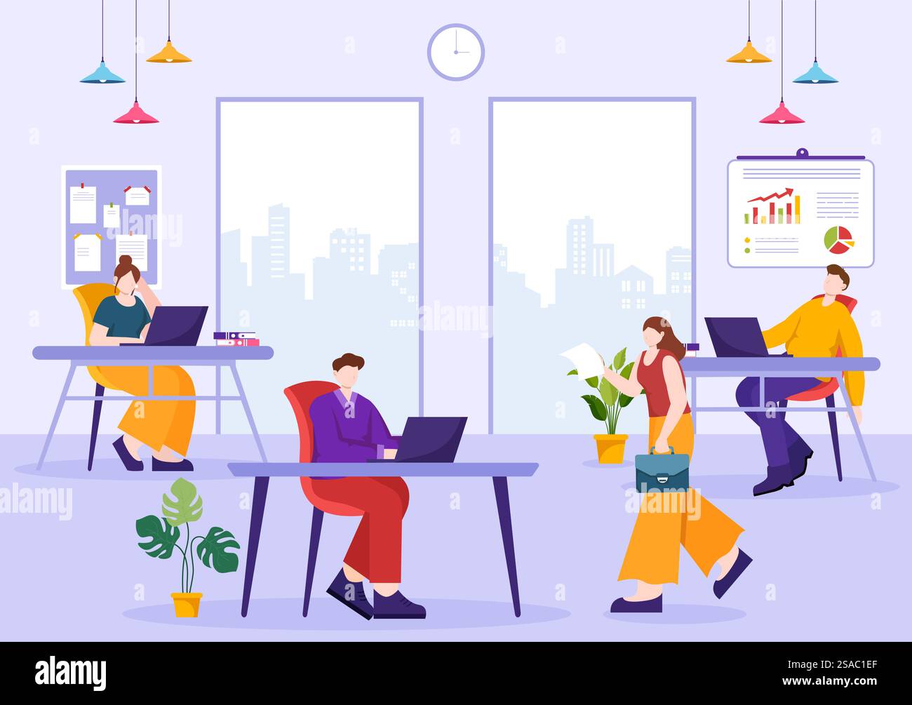 Mitarbeitervektor-Illustration mit Geschäftsteam und Produktivität Halten Sie ein Meeting zu gemeinsamen Zielen und Erfolg mit Unternehmen im Hintergrund mit flachem Zeichentrick ab Stock Vektor