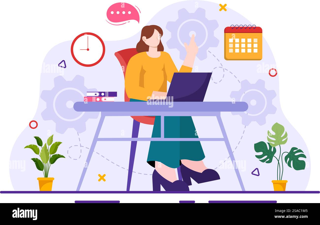 Mitarbeitervektor-Illustration mit Geschäftsteam und Produktivität Halten Sie ein Meeting zu gemeinsamen Zielen und Erfolg mit Unternehmen im Hintergrund mit flachem Zeichentrick ab Stock Vektor