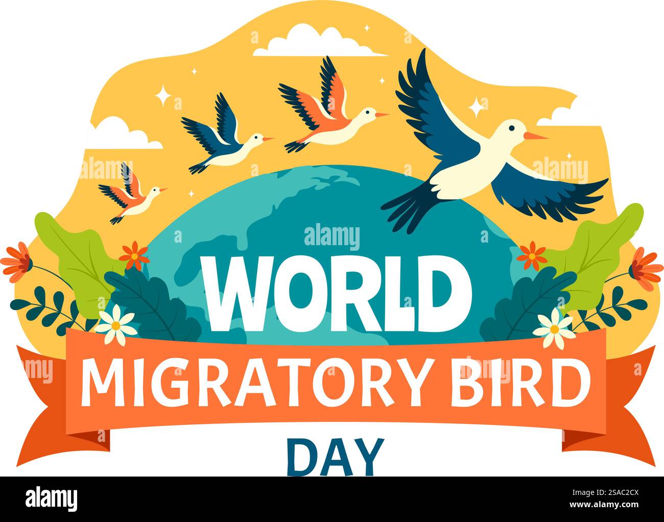 World Migatory Bird Day Vector Illustration mit Vögel Migrationsgruppen und ihren Lebensräumen für lebende aquatische Ökosysteme im flachen Zeichentrickhintergrund Stock Vektor World Migatory Bird Day Vector Illustration mit Vögel Migrationsgruppen und ihren Lebensräumen für lebende aquatische Ökosysteme im flachen Zeichentrickhintergrund Stock Vektor