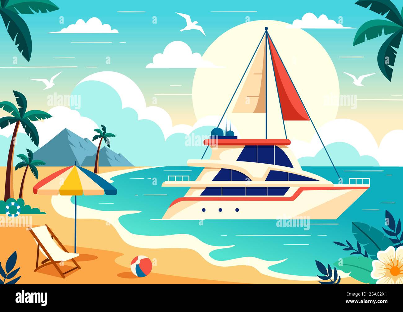 Yachten Vektor-Illustration mit Fähren Frachtboote und Schiff Segelboot des Wassertransports am Strand im Sonnenuntergang Flat Cartoon Hintergrund Stock Vektor