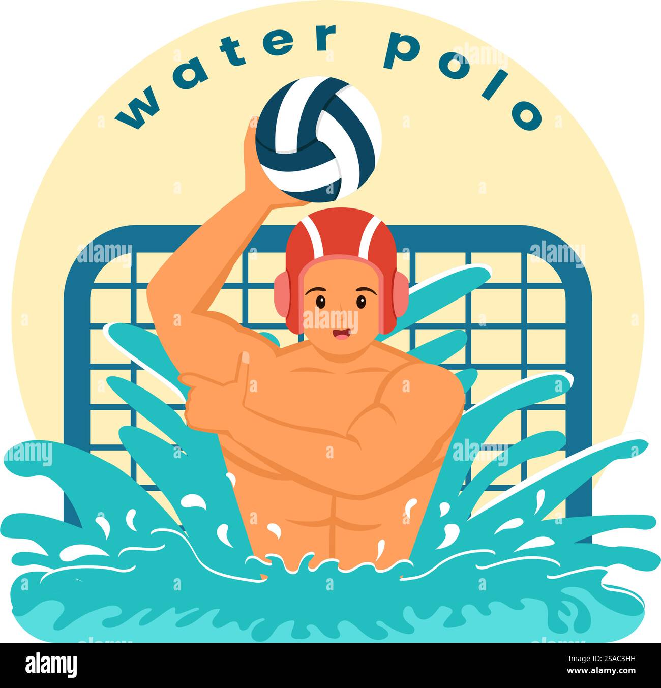Wasser Polo Sport Vektor Illustration mit Spieler spielt, um den Ball auf das gegnerische Tor im Schwimmbad im flachen Zeichentrickhintergrund zu werfen Stock Vektor