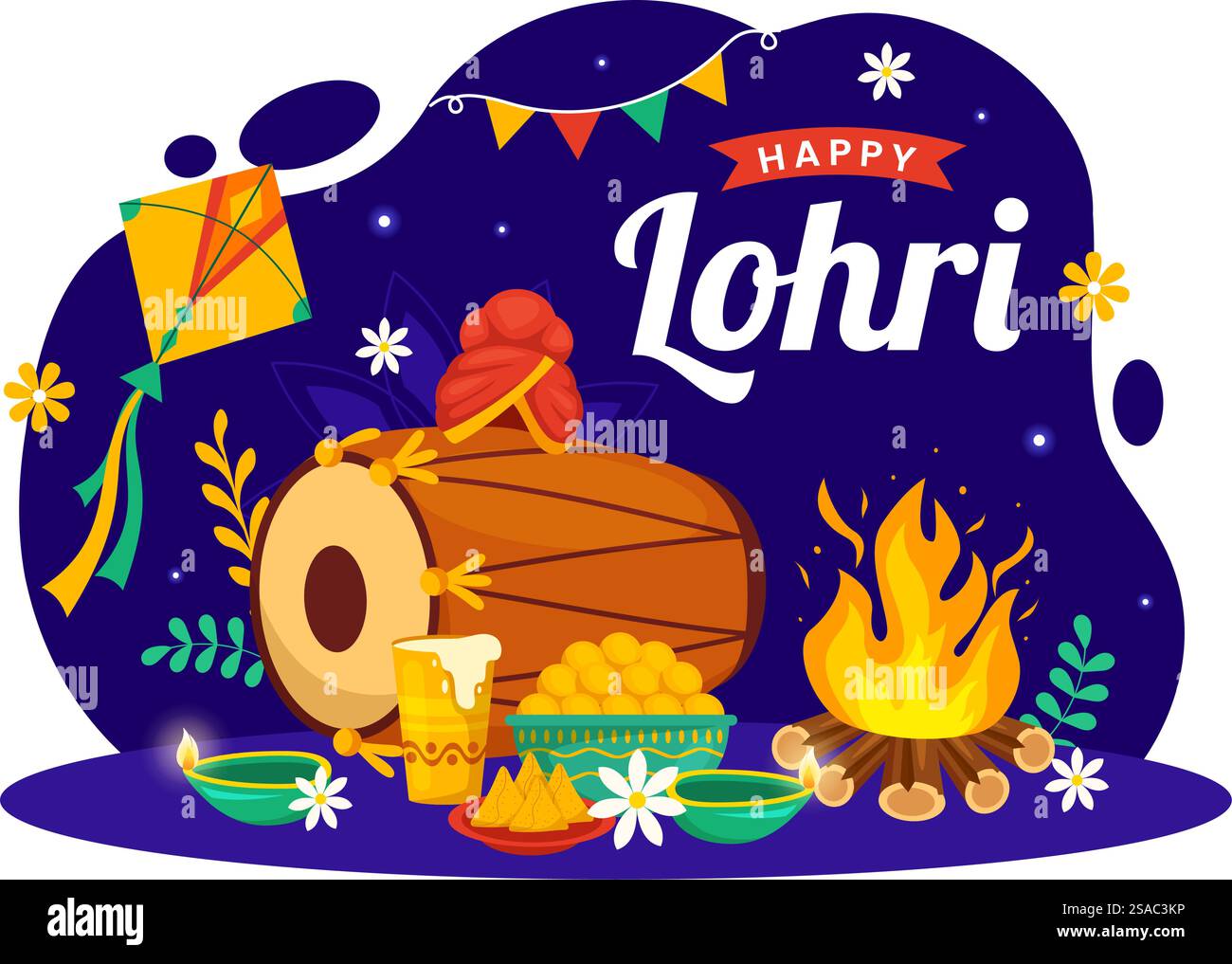 Happy Lohri Festival of Punjab India Vektor-Illustration des Spiels Tanz und Feier Lagerfeuer mit Trommeln und Drachen im flachen Zeichentrickhintergrund Stock Vektor