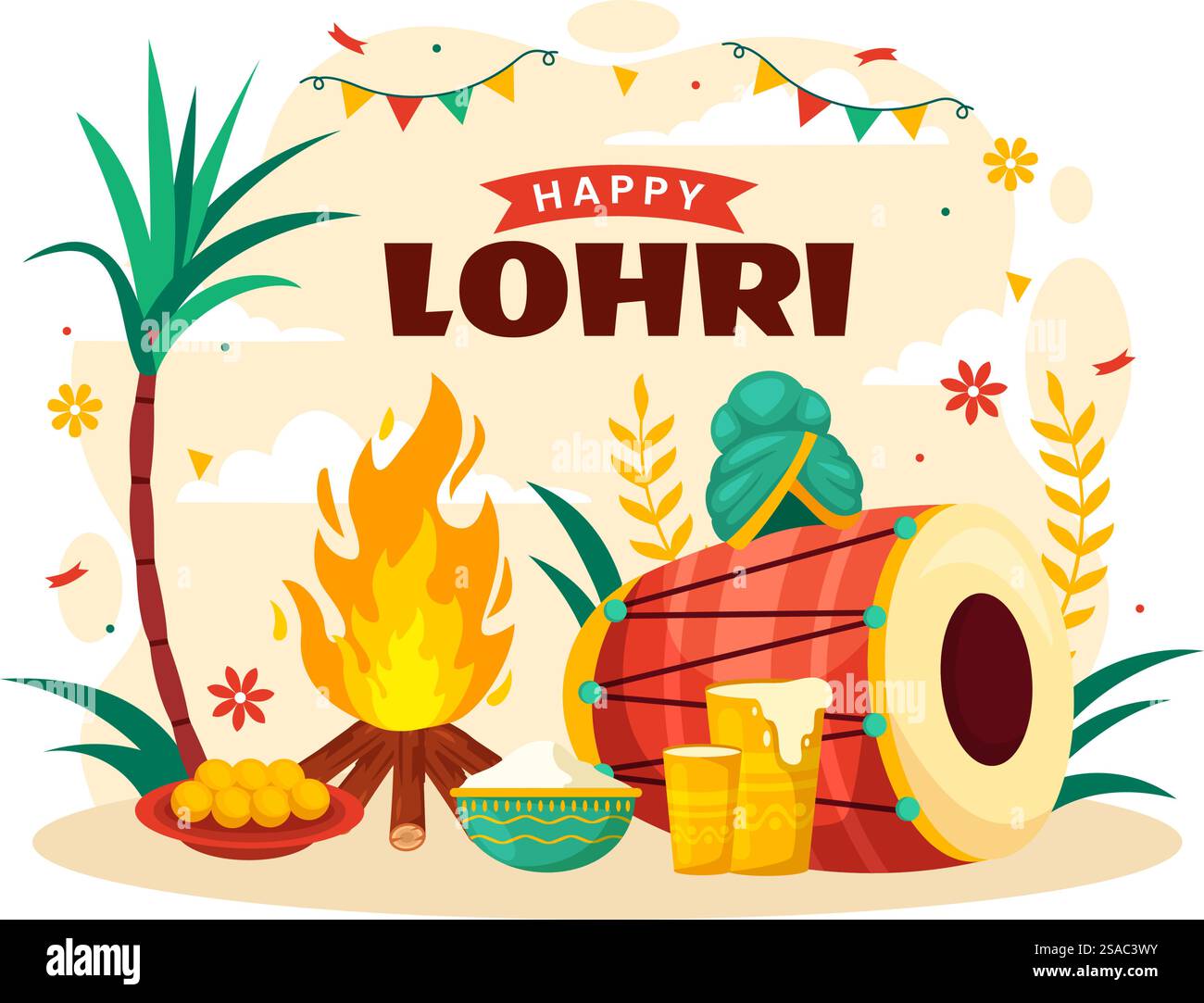 Happy Lohri Festival of Punjab India Vektor-Illustration des Spiels Tanz und Feier Lagerfeuer mit Trommeln und Drachen im flachen Zeichentrickhintergrund Stock Vektor