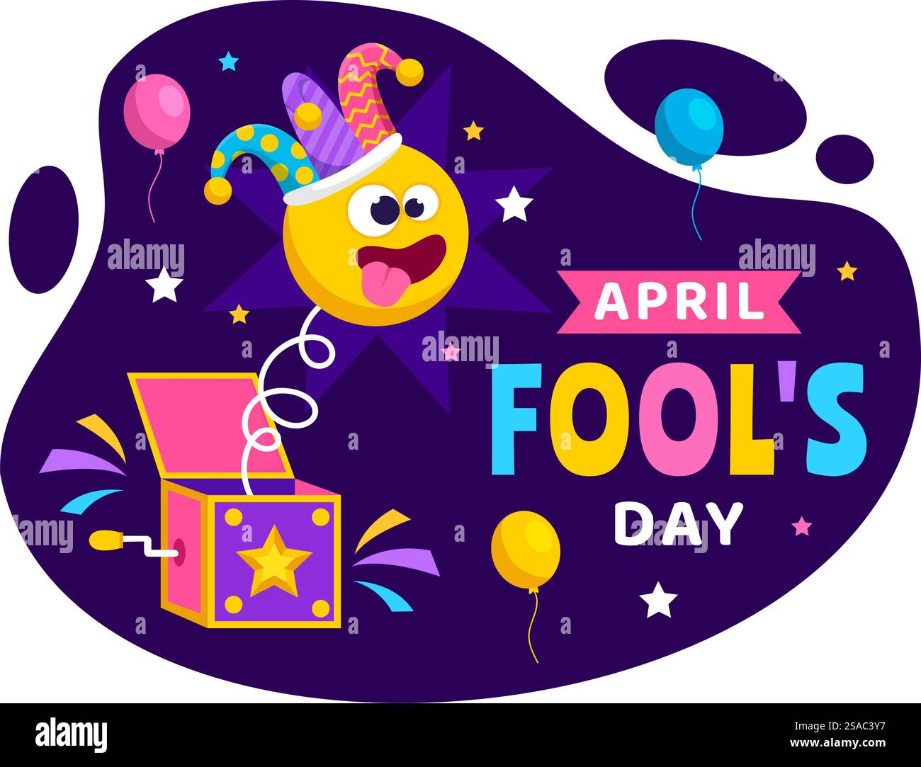 Illustration zum Feiern des fröhlichen Aprilfeiertags mit Narrenmütze und einer Box, die Überraschungen enthält, um die Menschen in Flat Cartoon Holiday zu überraschen Stock Vektor