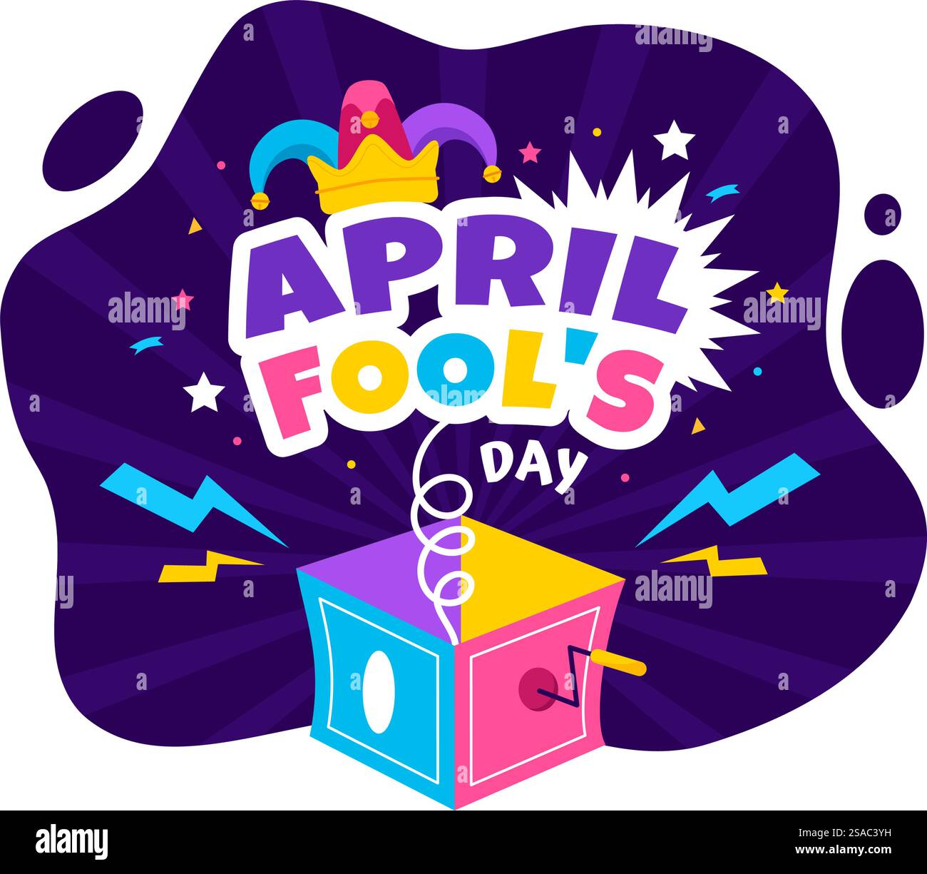 Illustration zum Feiern des fröhlichen Aprilfeiertags mit Narrenmütze und einer Box, die Überraschungen enthält, um die Menschen in Flat Cartoon Holiday zu überraschen Stock Vektor