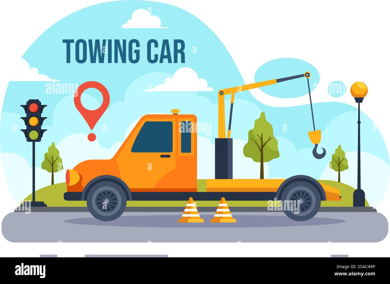 Autom. Abschleppen Auto Vektor Illustration mit einem LKW mit Pannenhilfe Service für verschiedene Fahrzeuge in Flat Cartoon Hintergrund Design Stock Vektor