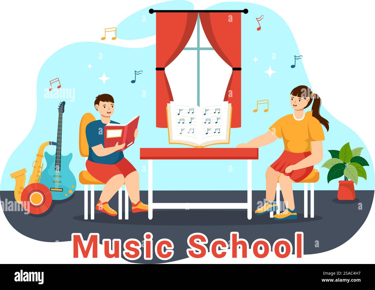 Musik Schule Vektor Illustration mit Spielen verschiedener Musikinstrumente, Lernen Bildung Musiker und Sänger in Flat Kids Cartoon Hintergrund Stock Vektor