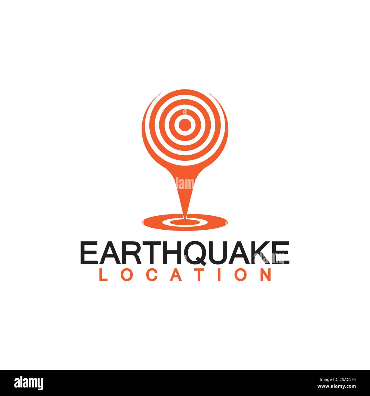 Logo-Design für Erdbebenstandorte isoliert auf weißem Hintergrund. Kartennadel und Erdbeben-Symbol Stock Vektor