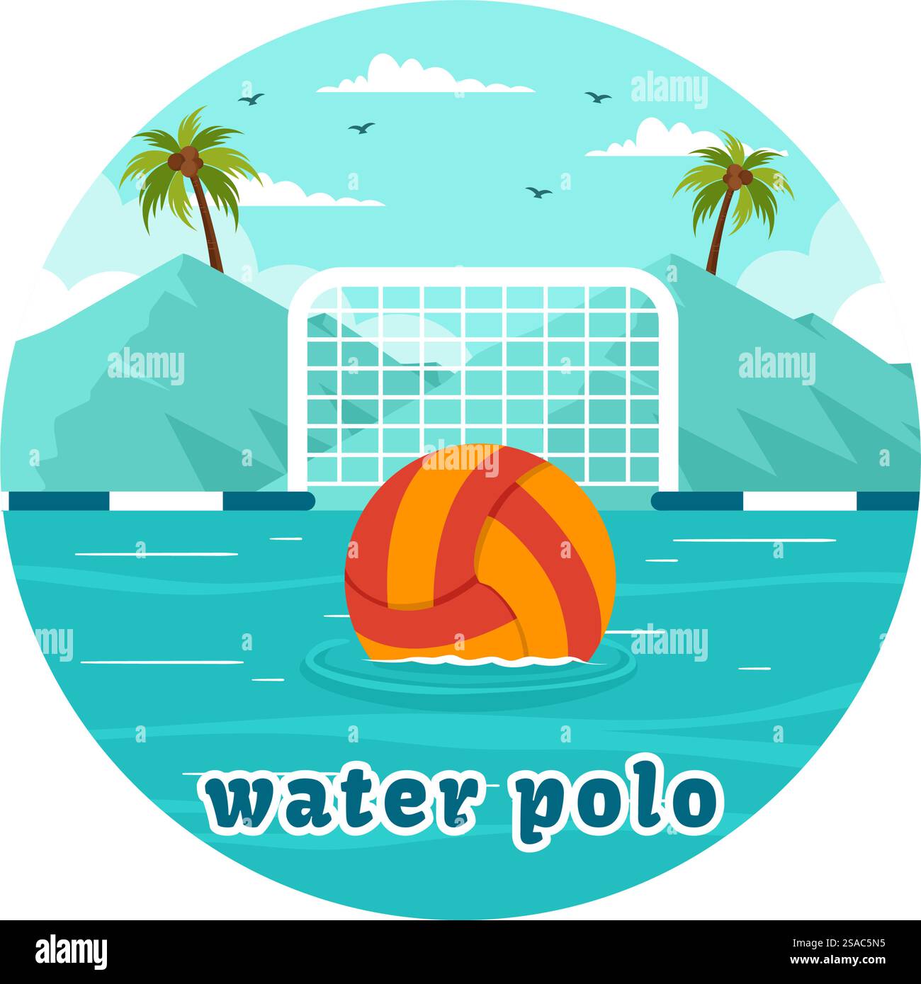 Wasser Polo Sport Vektor Illustration mit Spieler spielt, um den Ball auf das gegnerische Tor im Schwimmbad im flachen Zeichentrickhintergrund zu werfen Stock Vektor