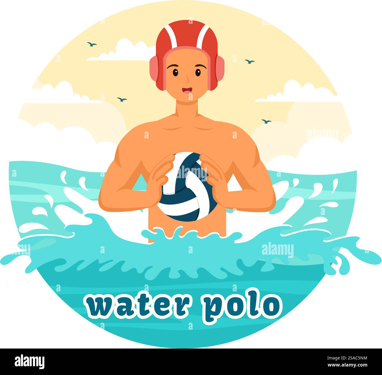 Wasser Polo Sport Vektor Illustration mit Spieler spielt, um den Ball auf das gegnerische Tor im Schwimmbad im flachen Zeichentrickhintergrund zu werfen Stock Vektor
