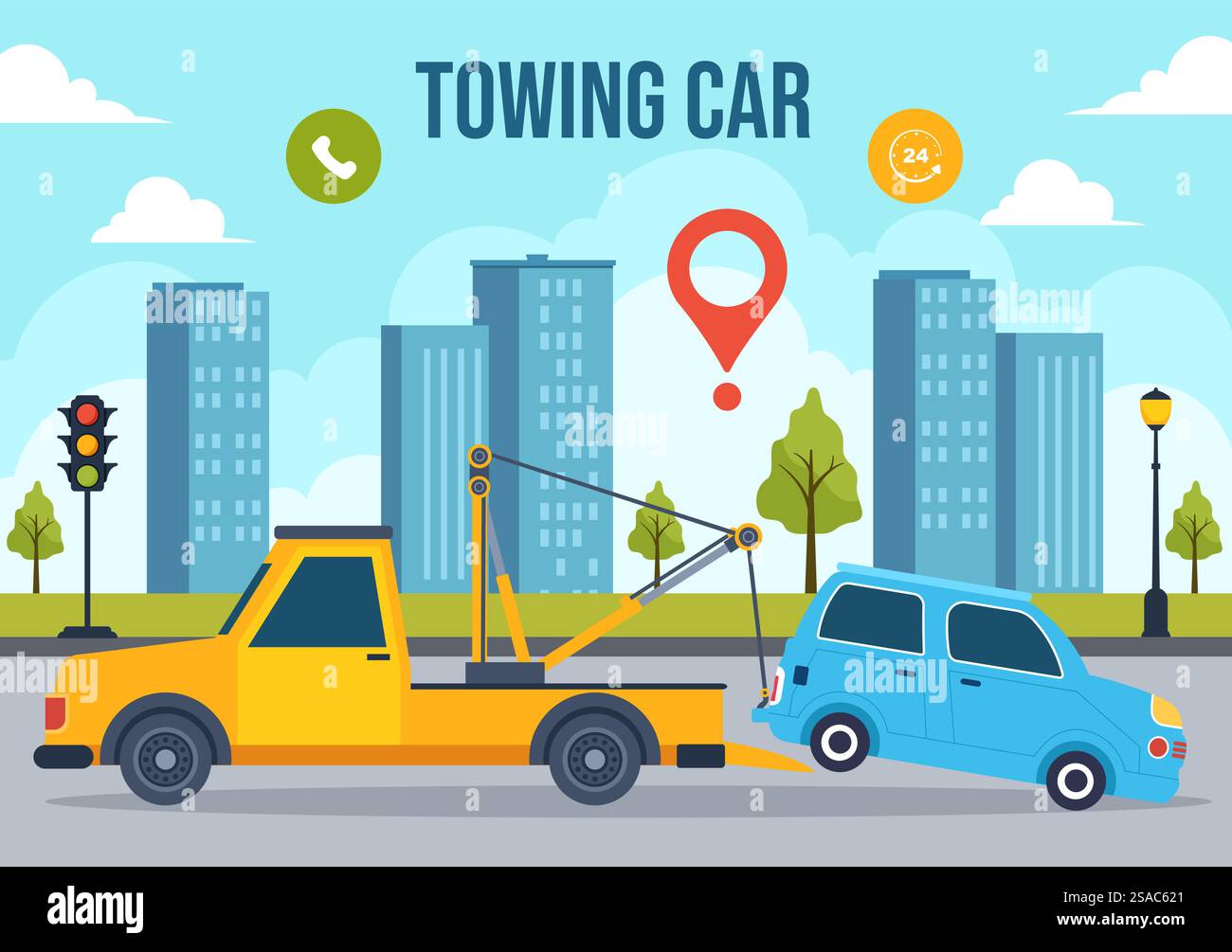 Autom. Abschleppen Auto Vektor Illustration mit einem LKW mit Pannenhilfe Service für verschiedene Fahrzeuge in Flat Cartoon Hintergrund Design Stock Vektor