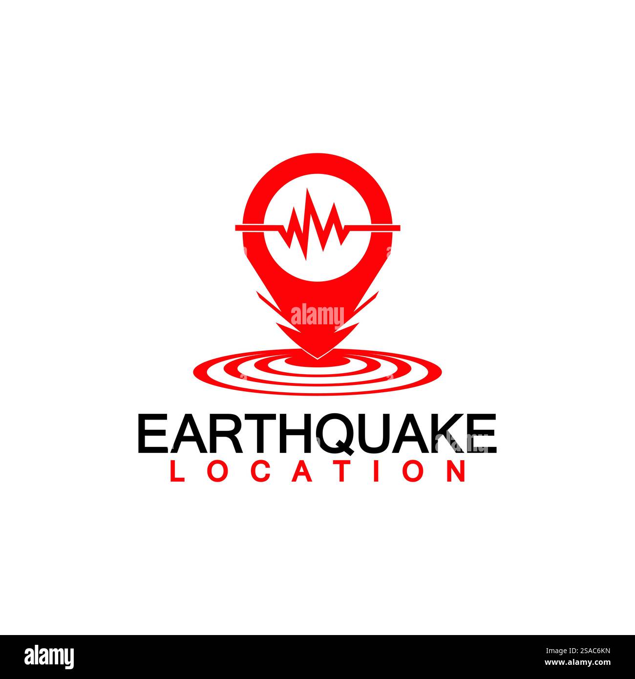 Logo-Design für Erdbebenstandorte isoliert auf weißem Hintergrund. Kartennadel und Erdbeben-Symbol Stock Vektor