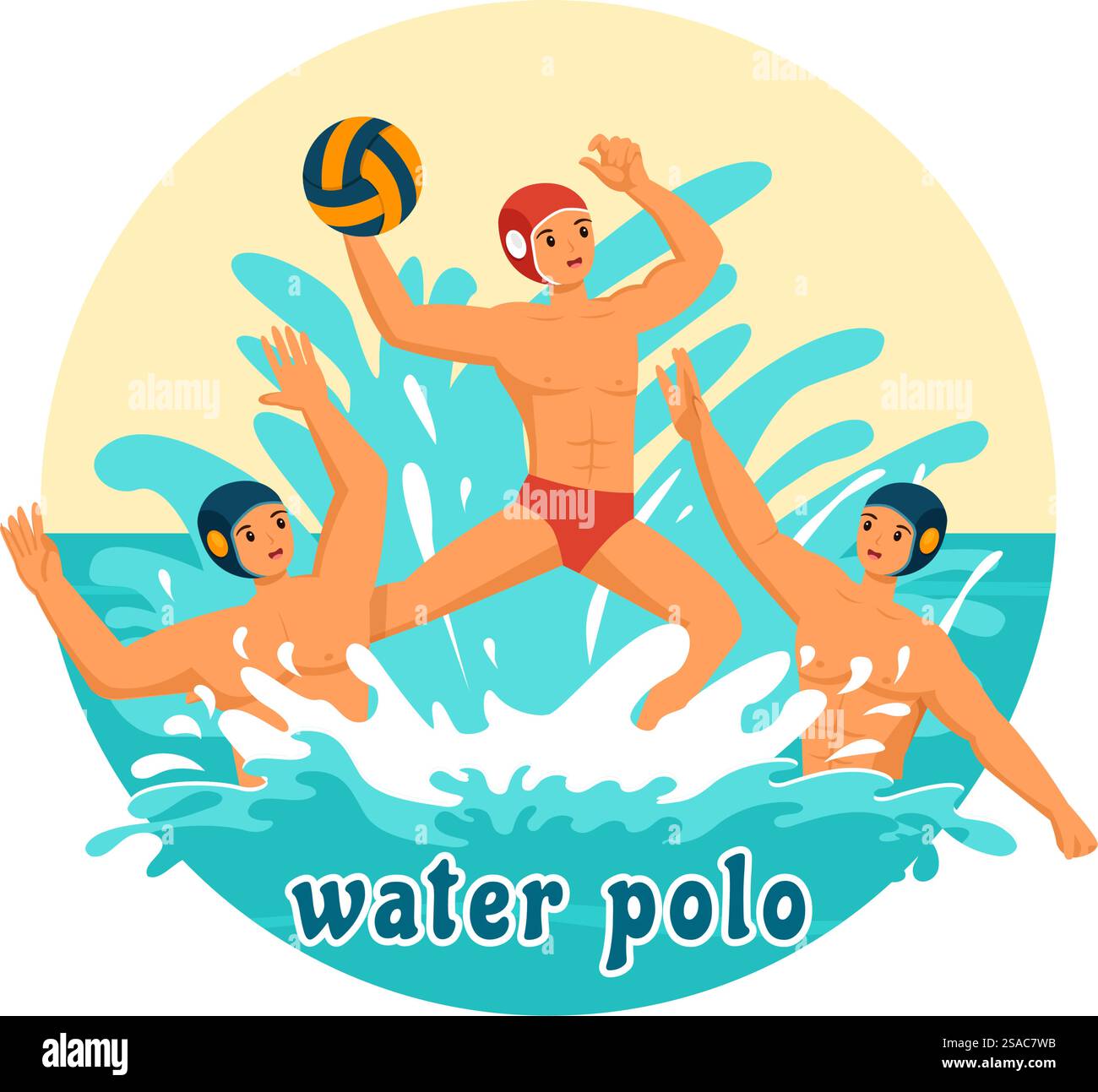 Wasser Polo Sport Vektor Illustration mit Spieler spielt, um den Ball auf das gegnerische Tor im Schwimmbad im flachen Zeichentrickhintergrund zu werfen Stock Vektor