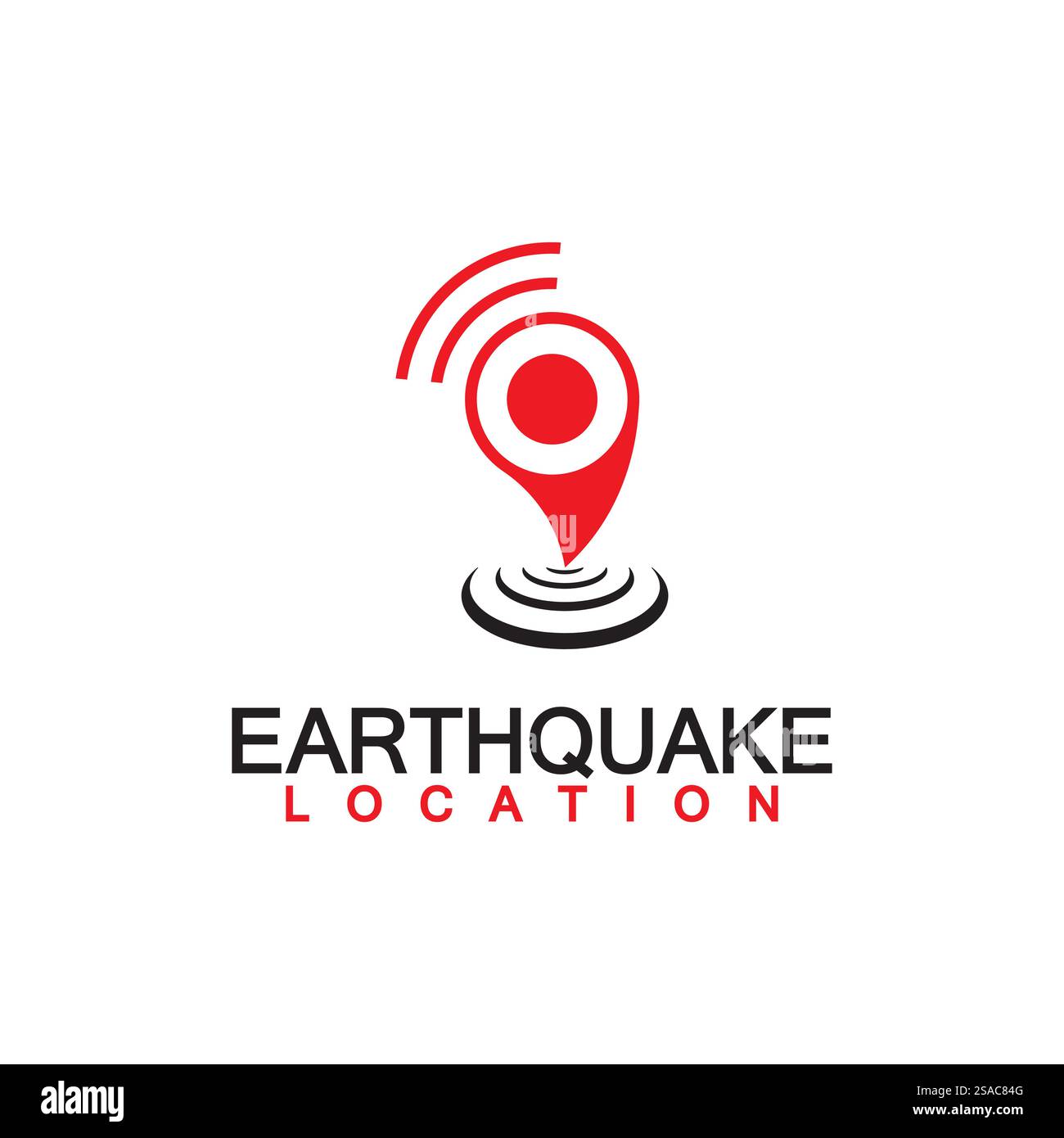 Logo-Design für Erdbebenstandorte isoliert auf weißem Hintergrund. Kartennadel und Erdbeben-Symbol Stock Vektor