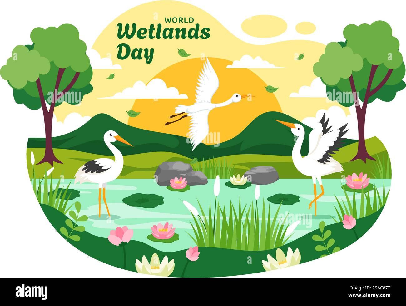 World Wetlands Day Vektor Illustration am 2. Februar mit Storch Tiere und Garten Hintergrund im Feiertag Flat Cartoon Design Stock Vektor