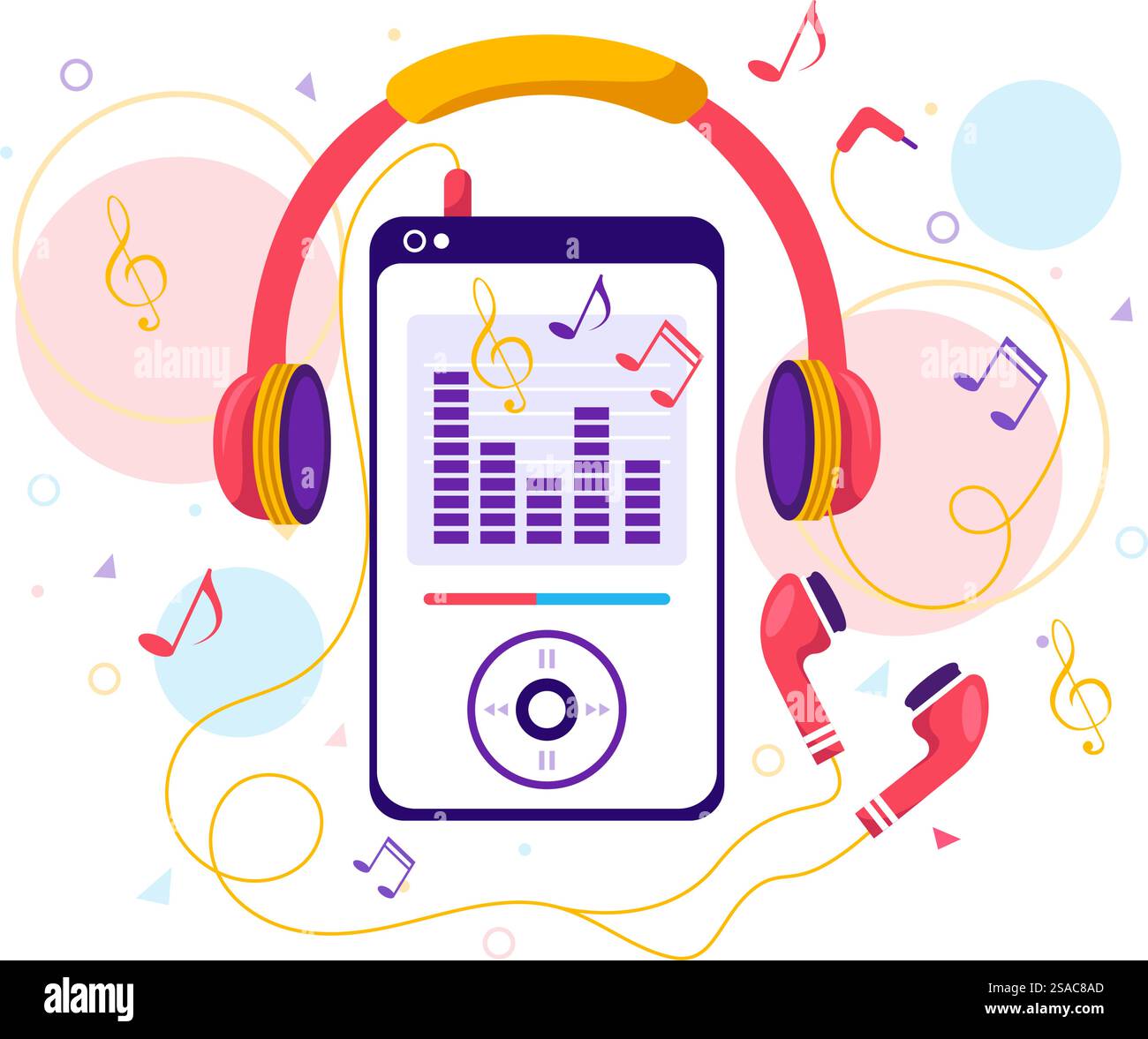 MP3-Player Vektor-Illustration mit musikalischer Notation, Kopfhörer, Headset und Telefon der Musik Hörgeräte in der mobilen App auf flachem Hintergrund Stock Vektor