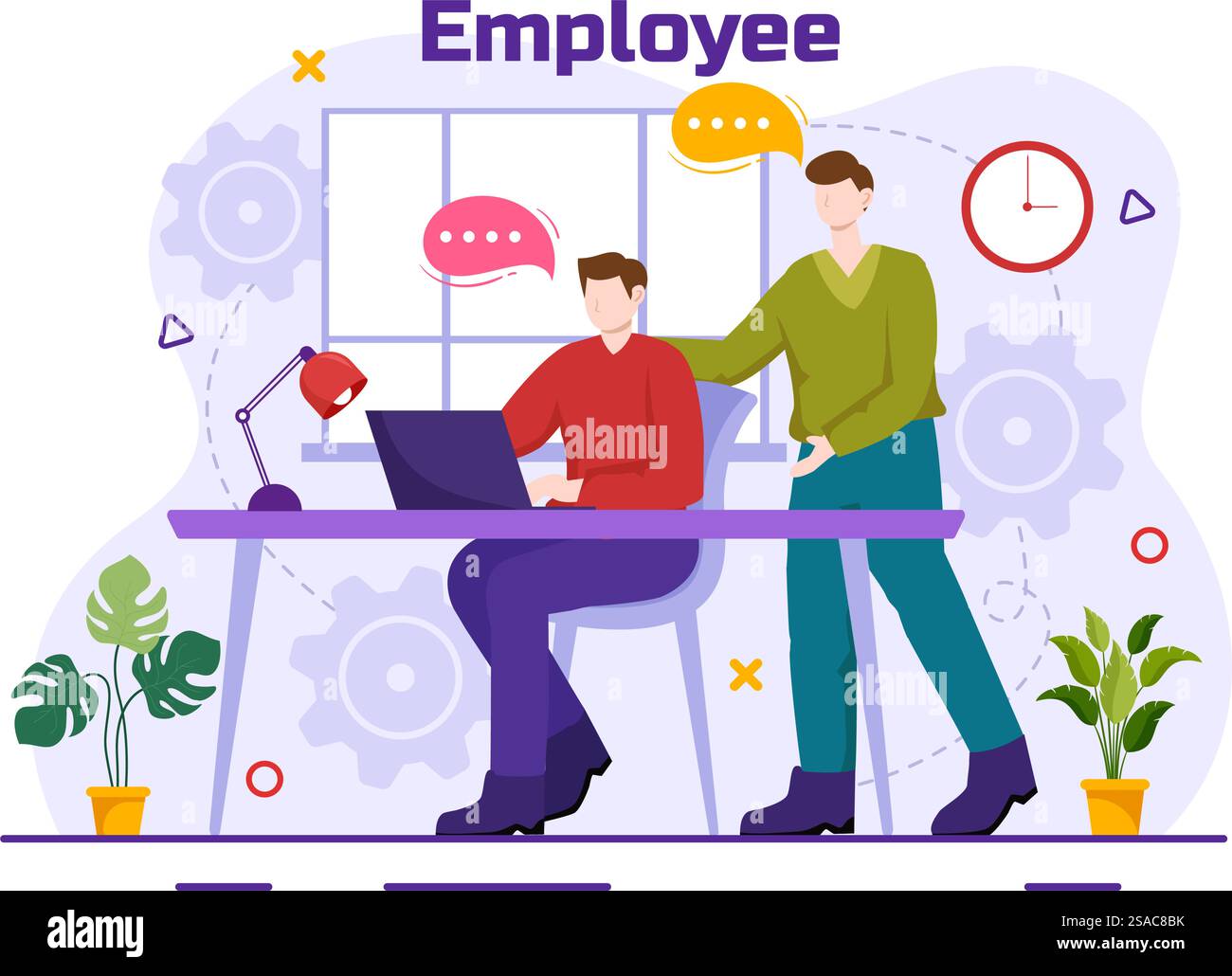 Mitarbeitervektor-Illustration mit Geschäftsteam und Produktivität Halten Sie ein Meeting zu gemeinsamen Zielen und Erfolg mit Unternehmen im Hintergrund mit flachem Zeichentrick ab Stock Vektor