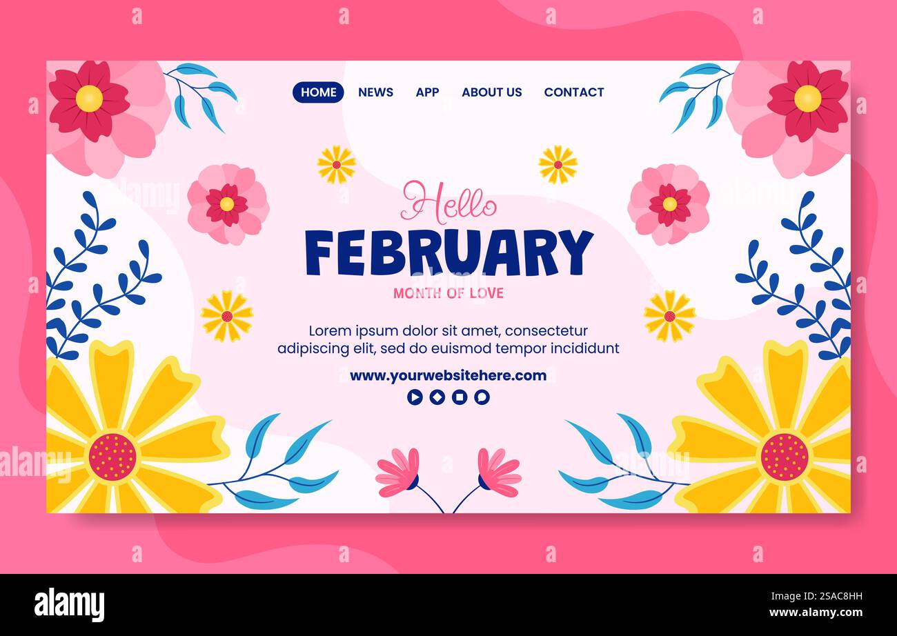 Hallo Februar Social Media Landing Page Cartoon Hand Gezeichnete Vorlagen Hintergrund Illustration Stock Vektor