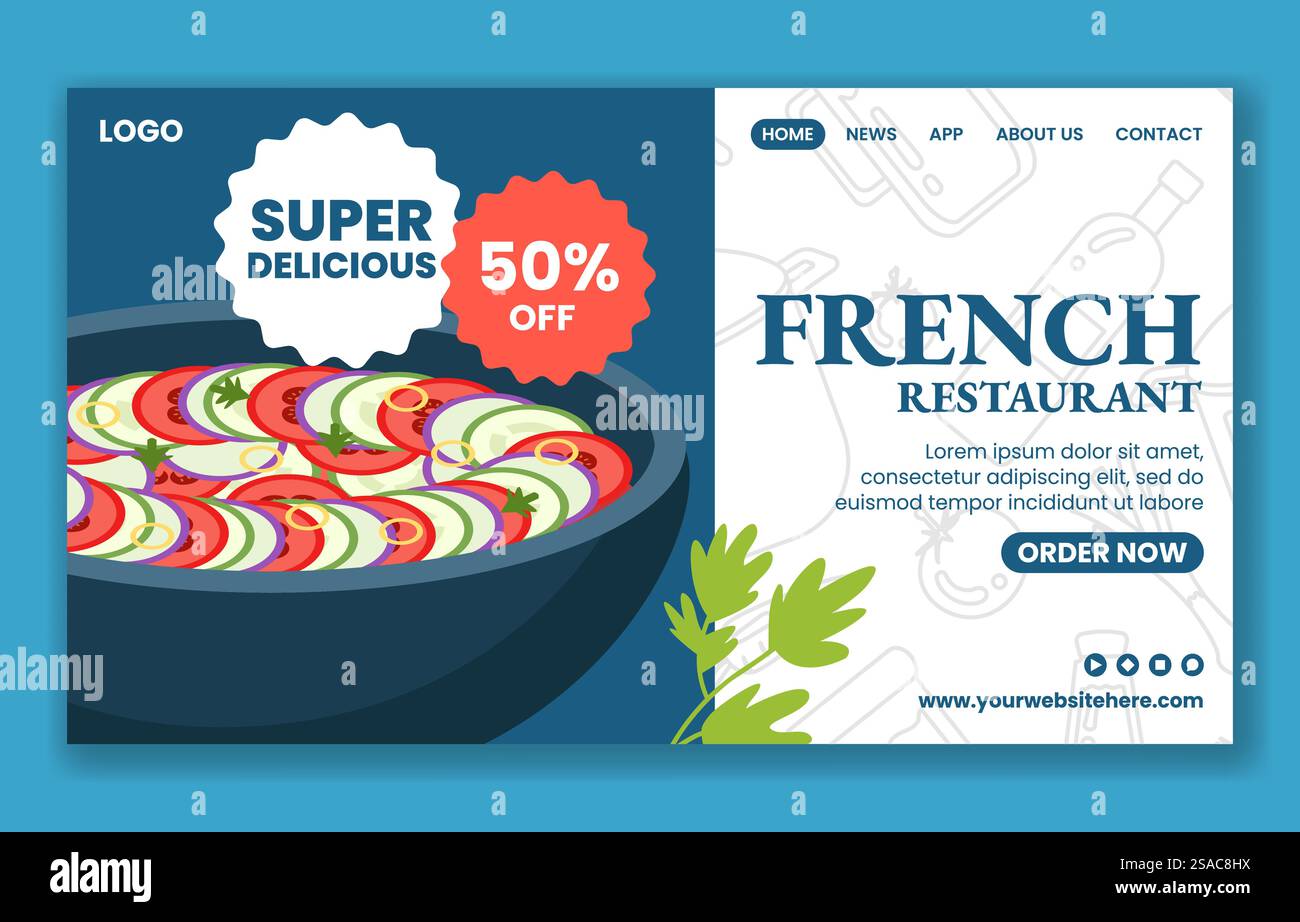 Französisches Restaurant Social Media Landing Page Cartoon Hand Gezeichnete Vorlagen Hintergrund Illustration Stock Vektor