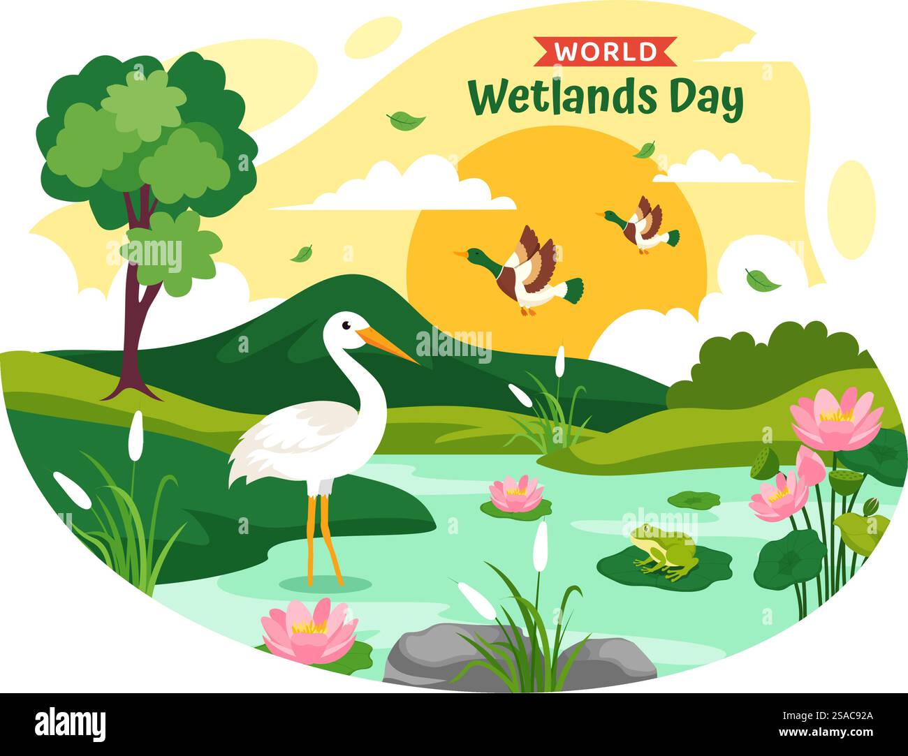 World Wetlands Day Vektor Illustration am 2. Februar mit Storch Tiere und Garten Hintergrund im Feiertag Flat Cartoon Design Stock Vektor