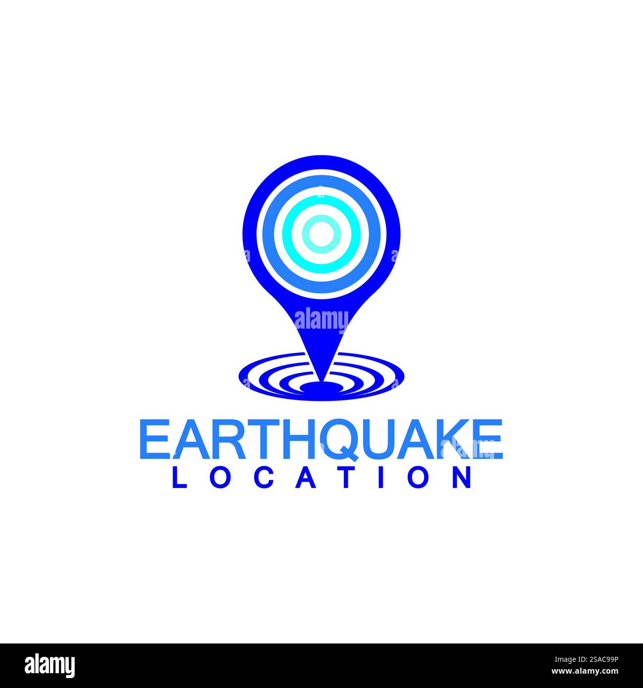 Logo-Design für Erdbebenstandorte isoliert auf weißem Hintergrund. Kartennadel und Erdbeben-Symbol Stock Vektor