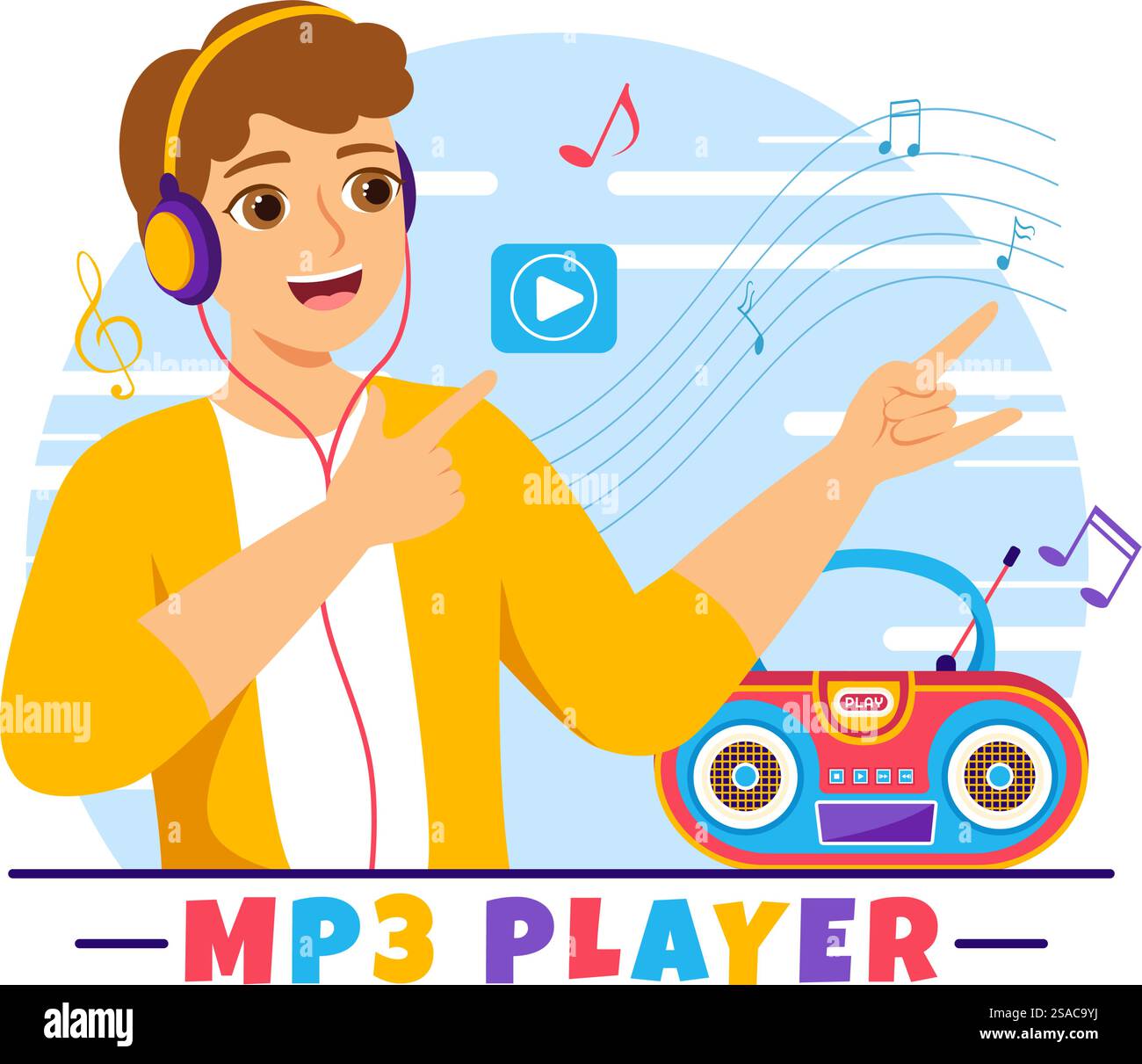 MP3-Player Vektor-Illustration mit musikalischer Notation, Kopfhörer, Headset und Telefon der Musik Hörgeräte in der mobilen App auf flachem Hintergrund Stock Vektor