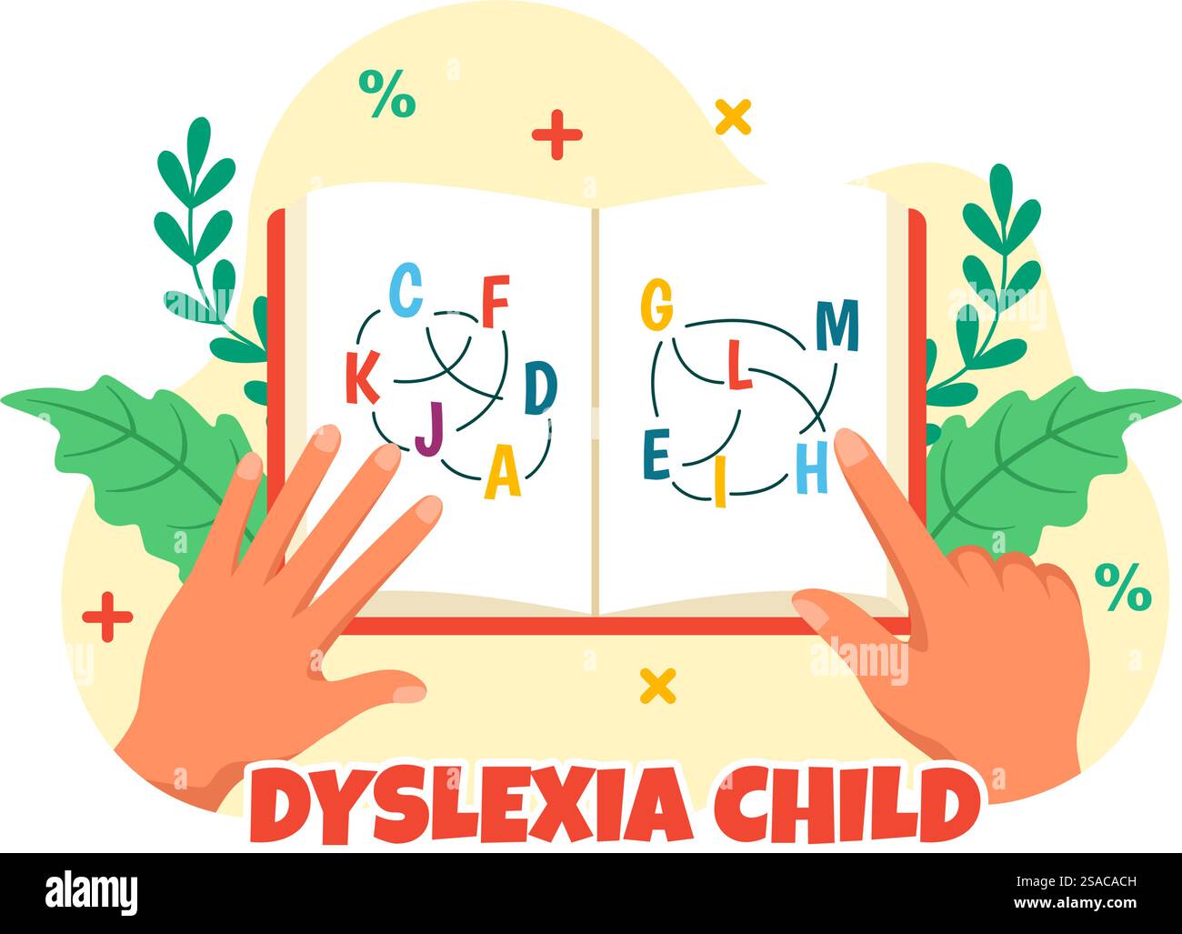 Legasthenie Kinder Vektor-Illustration der Kinder Dyslexie-Störung und Schwierigkeit beim Lernen Lesen mit Buchstaben, die heraus im flachen Zeichentrickhintergrund fliegen Stock Vektor