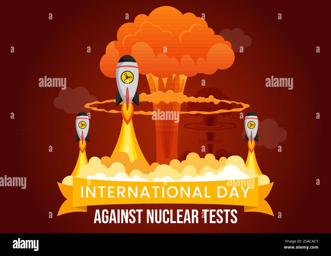 Internationaler Tag gegen Nukleartests Vektor-Illustration für den 29. August zeigt eine Erde und eine Raketenbombe in einem flachen Cartoon-Hintergrund Stock Vektor