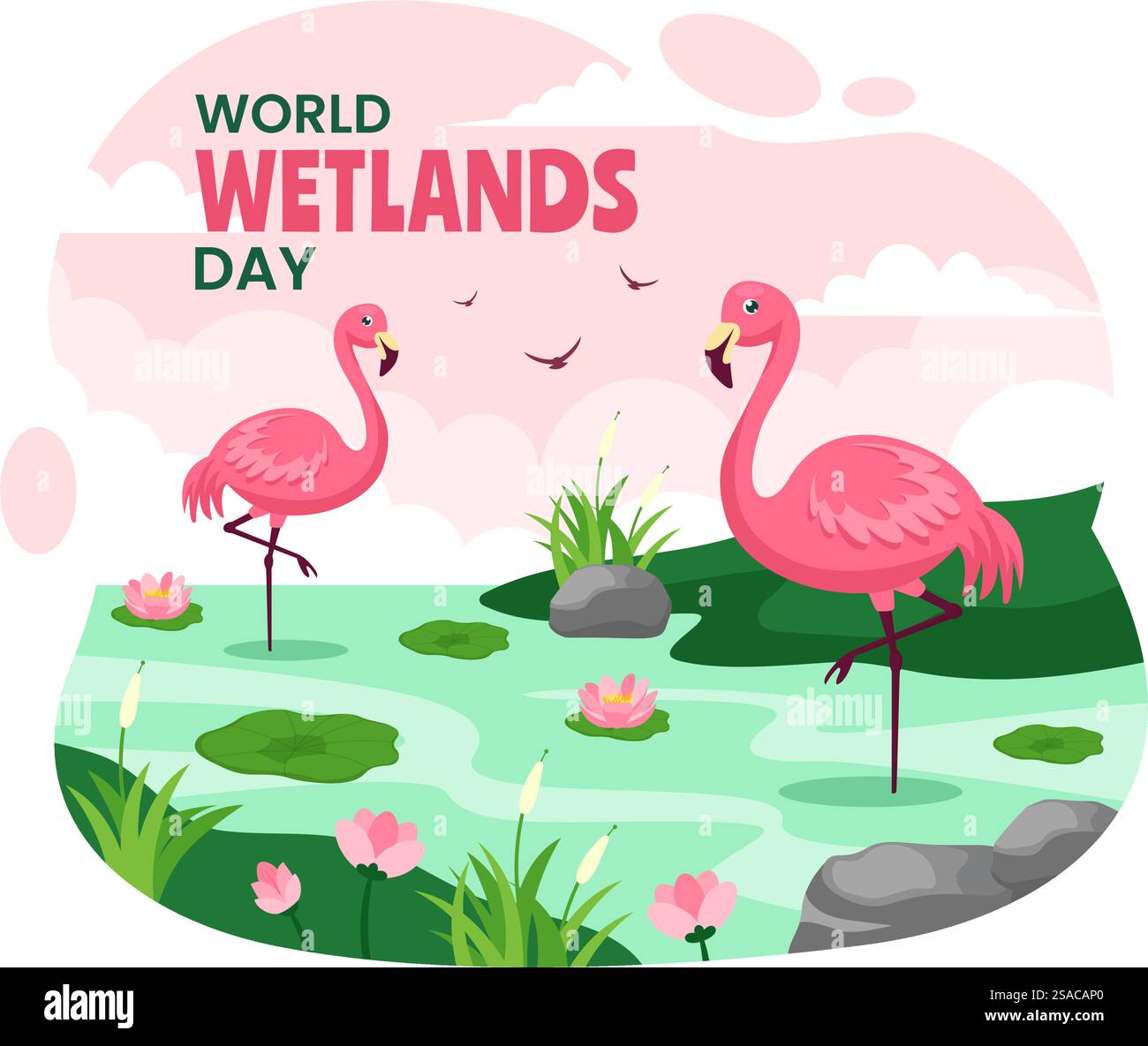 World Wetlands Day Vektor Illustration am 2. Februar mit Storch Tiere und Garten Hintergrund im Feiertag Flat Cartoon Design Stock Vektor