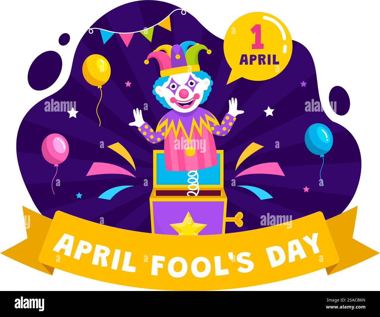 Illustration zum Feiern des fröhlichen Aprilfeiertags mit Narrenmütze und einer Box, die Überraschungen enthält, um die Menschen in Flat Cartoon Holiday zu überraschen Stock Vektor