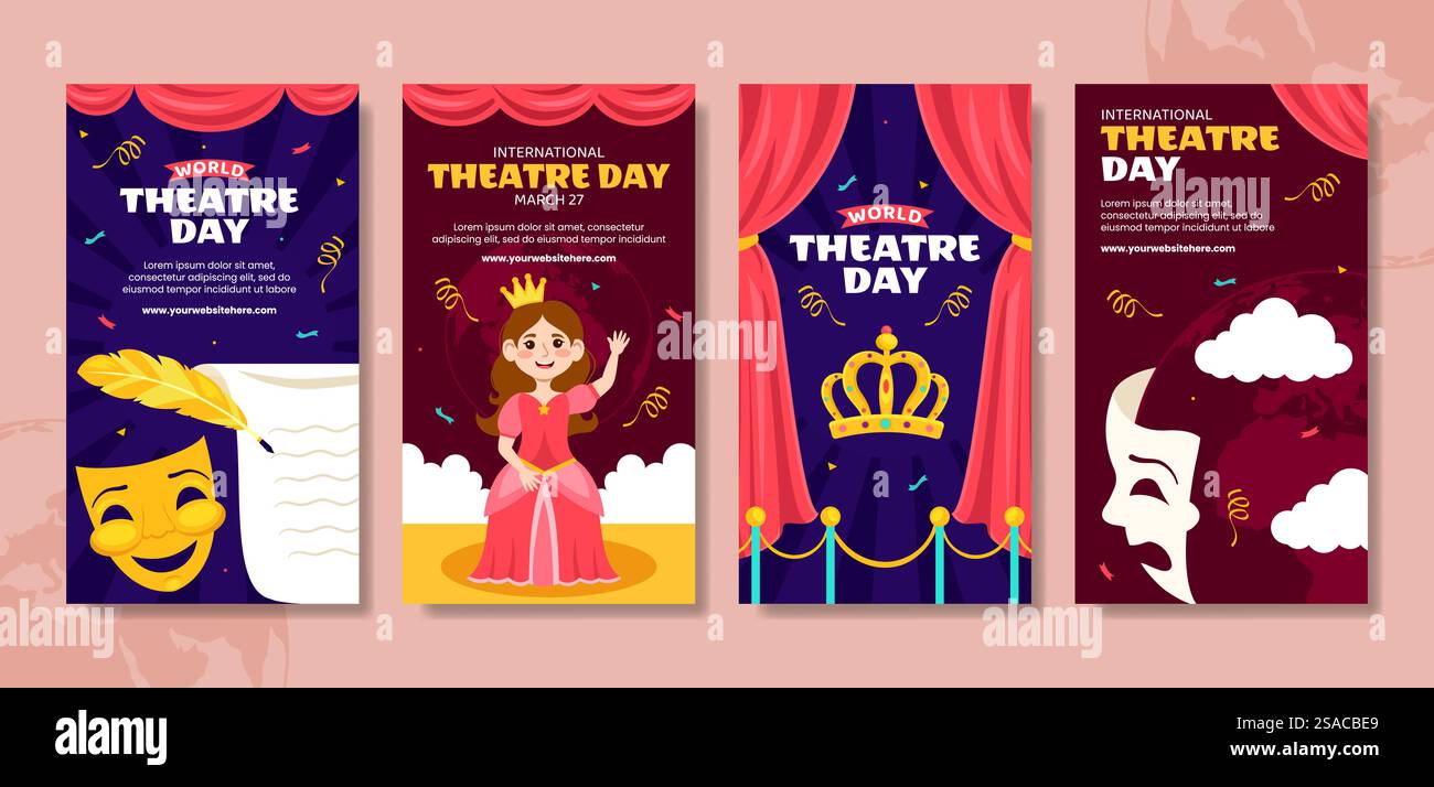 Theatertag Social Media Stories Flat Cartoon Hand Gezeichnete Vorlagen Hintergrund Illustration Stock Vektor
