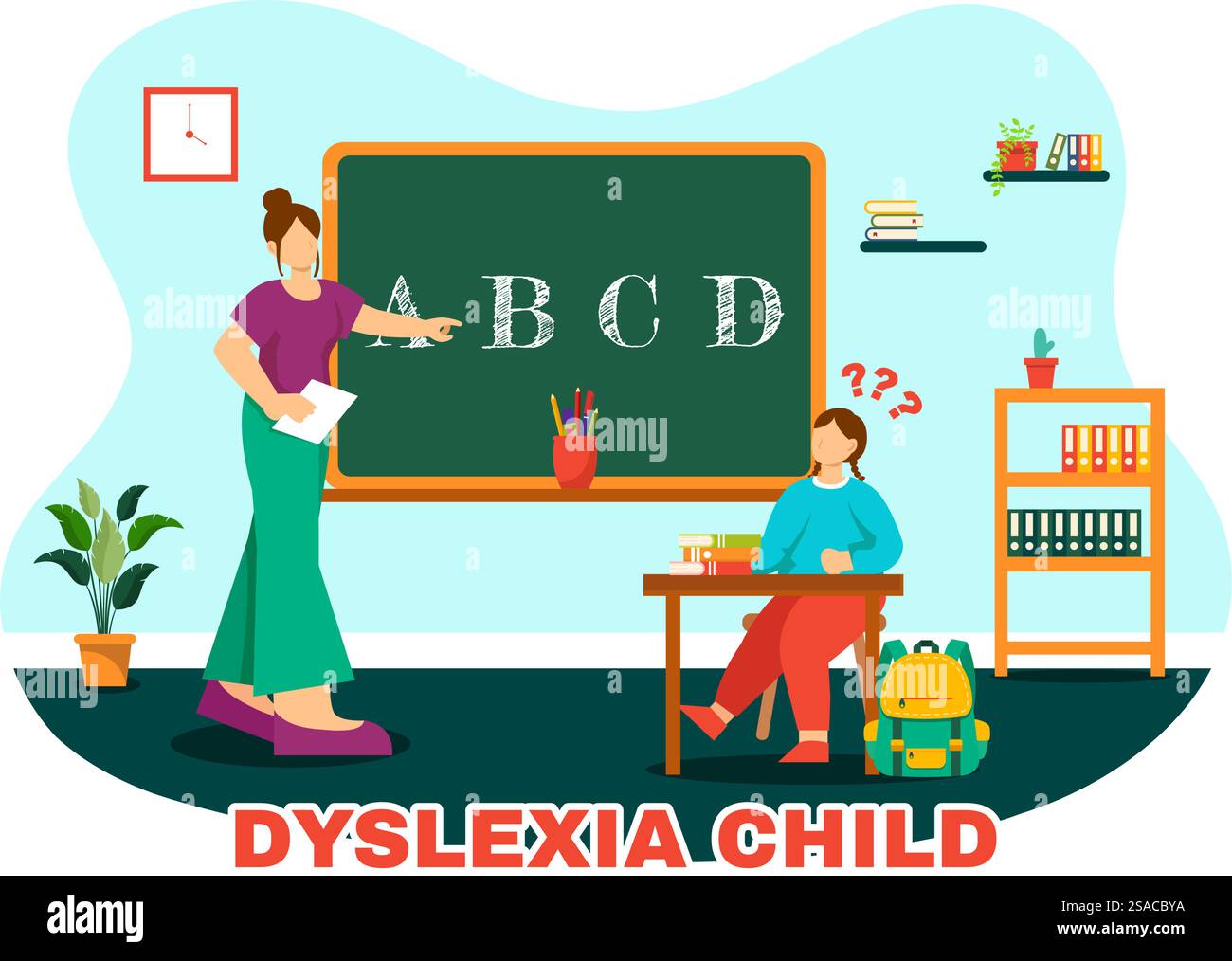 Legasthenie Kinder Vektor-Illustration der Kinder Dyslexie-Störung und Schwierigkeit beim Lernen Lesen mit Buchstaben, die heraus im flachen Zeichentrickhintergrund fliegen Stock Vektor