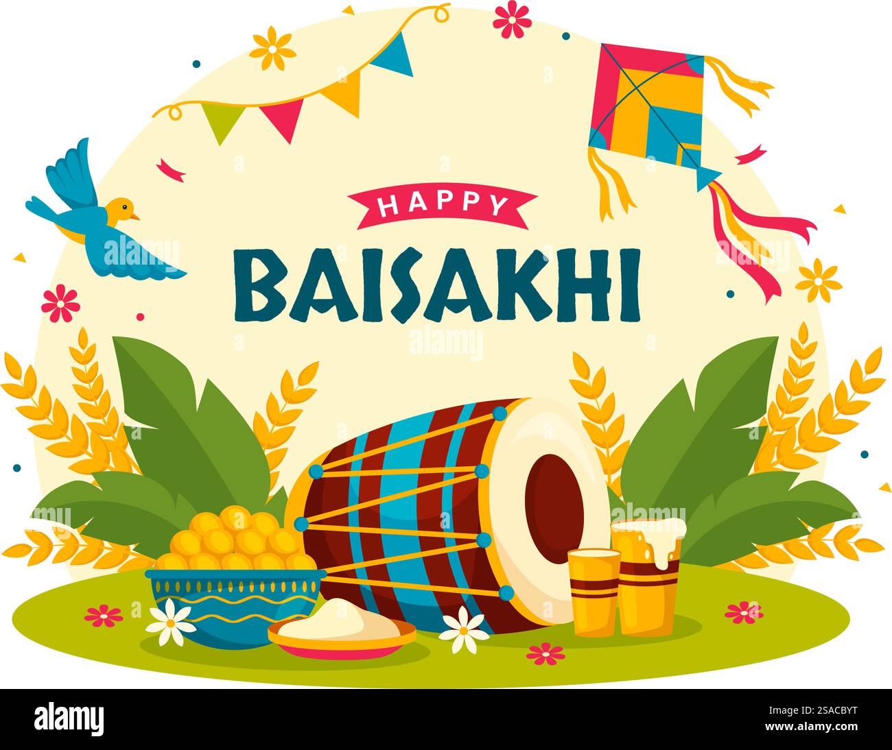 Glückliche Baisakhi Vektor-Illustration von Vaisakhi Punjabi Frühlings-Ernte-Festival der Sikh-Feier mit Trommel und Drachen im Feiertags-Cartoon-Hintergrund Stock Vektor