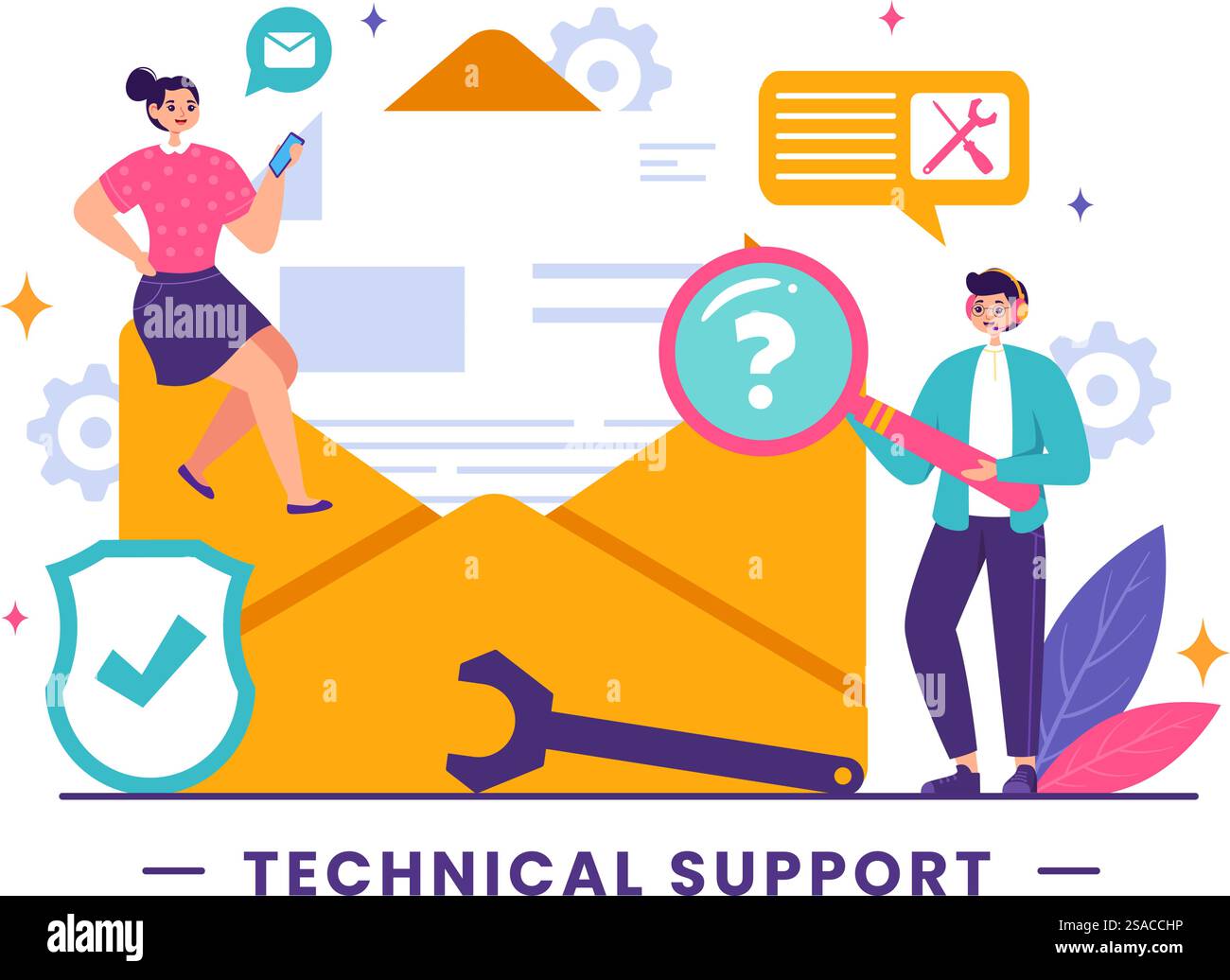 Vektor-Illustration eines technischen Supportsystems mit Softwareentwicklung, Kundendienst und Technologiehilfe in einem flachen Cartoon-Hintergrund Stock Vektor