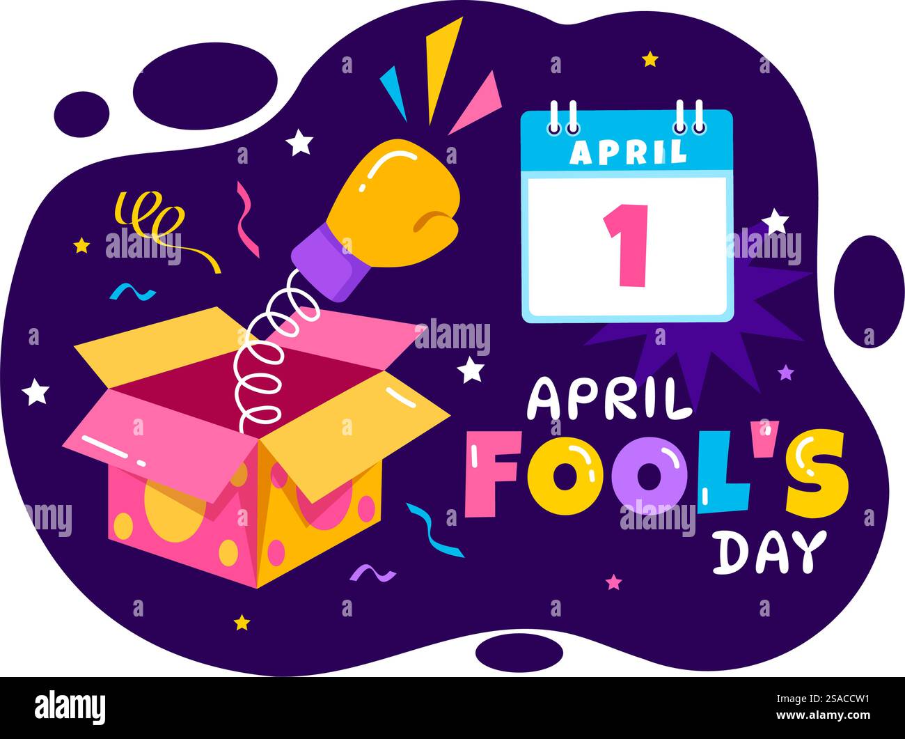 Illustration zum Feiern des fröhlichen Aprilfeiertags mit Narrenmütze und einer Box, die Überraschungen enthält, um die Menschen in Flat Cartoon Holiday zu überraschen Stock Vektor